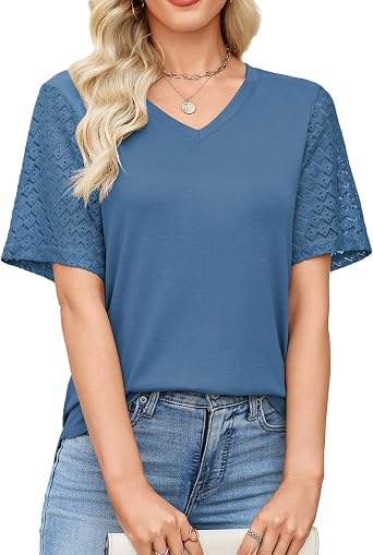 Totatuit Womens Casual Lace Top V Neck Viscose Blouses for Summer