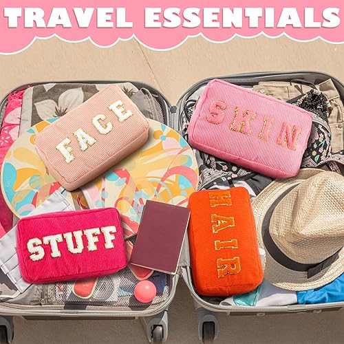 Miniatura 3 de Pinkunn 4 piezas de bolsas de maquillaje preparadas con letras de chenilla, organizador de viaje para la cara, la piel y el cabello, bolsa de