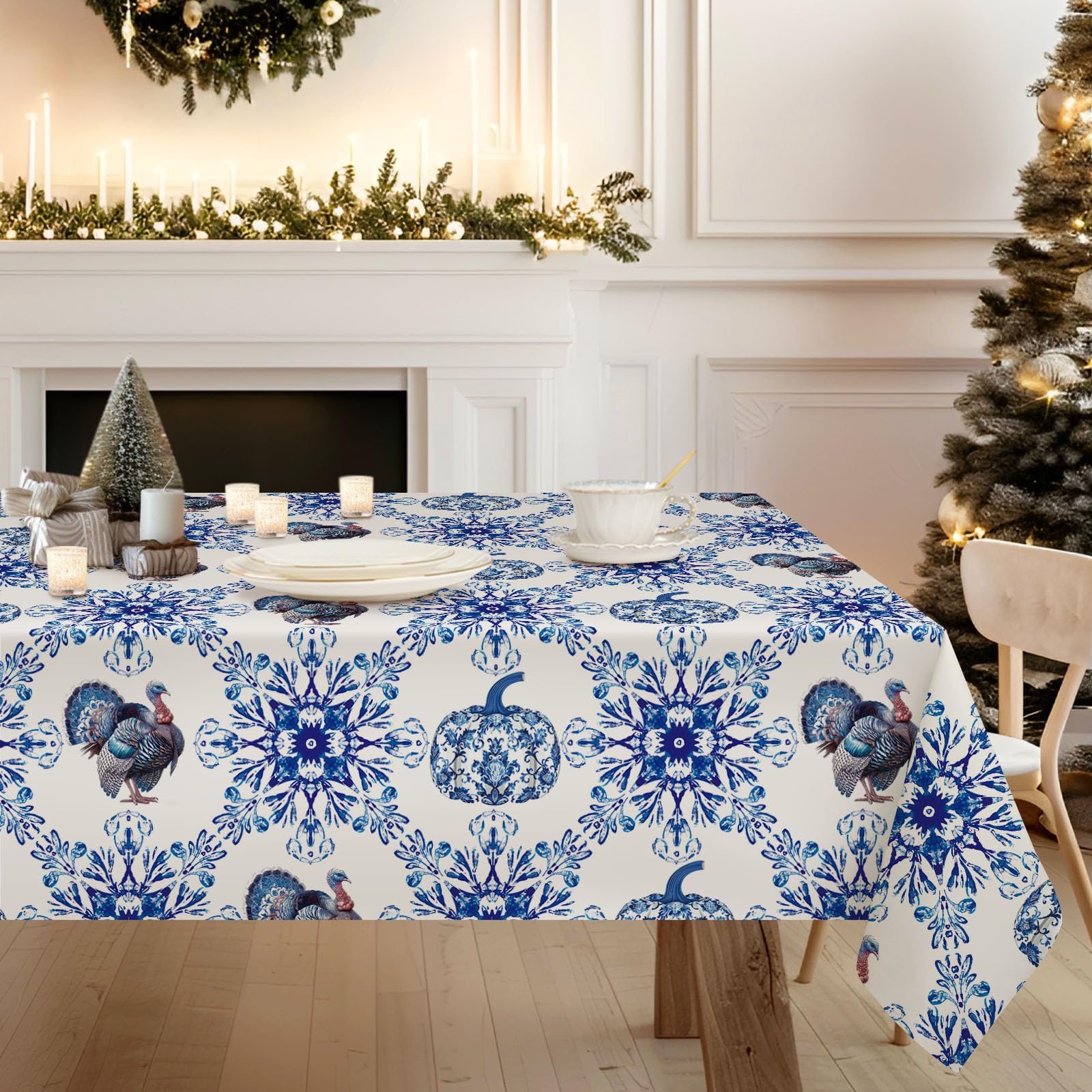 GPGHE Thanksgiving Tablecloth Blue and White Turkey Rectangular Table Cloths Thankful Fall Kitchen Dining Table Decoration for Home Party Banquet