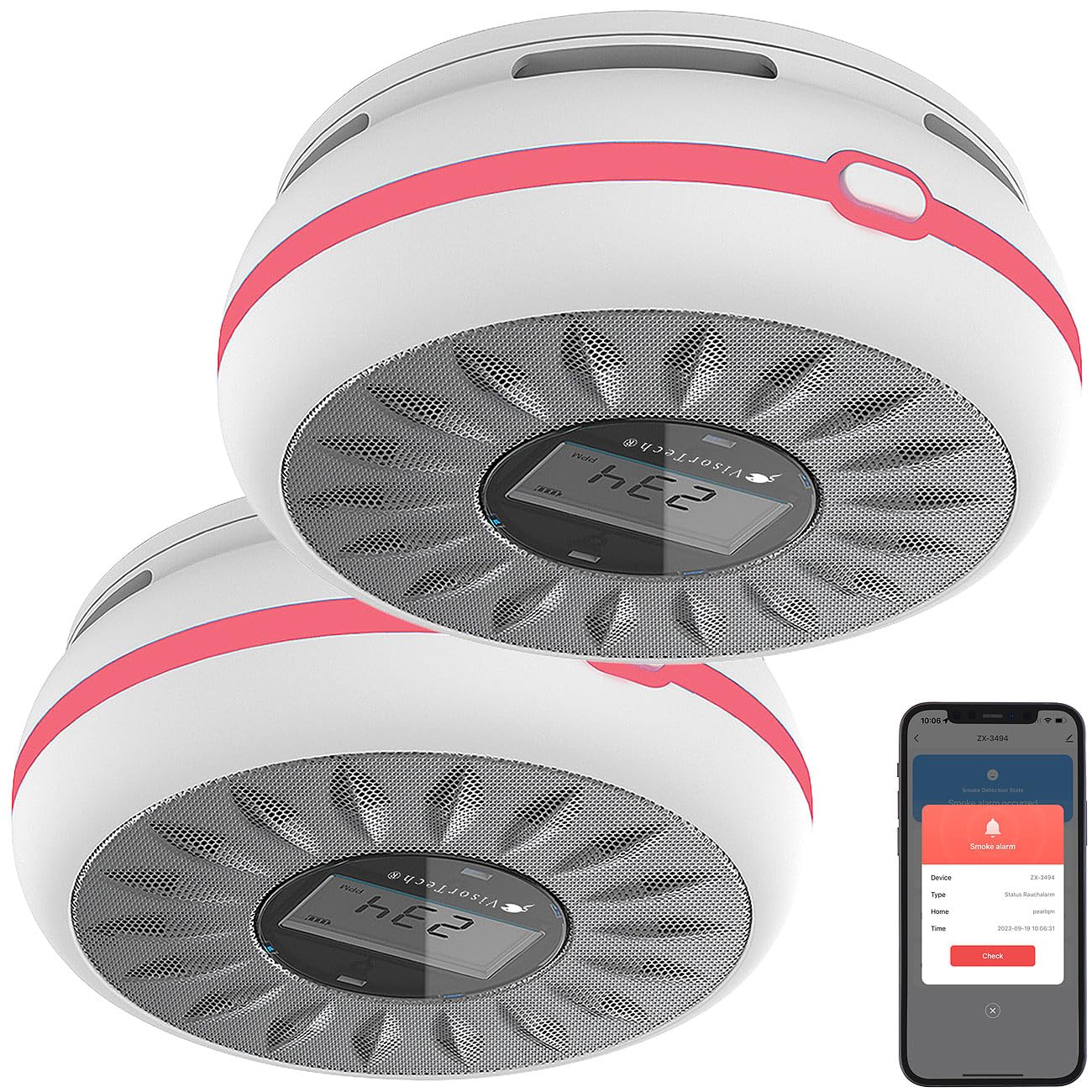 VisorTech app per allarme antincendio: Set da 2 Rilevatore di fumo e CO 2in1 con Wi-Fi, Batteria di 10 anni, Sensore di 10 anni (rilevatore monossido carbonio, rilevatori fumo per la casa, radio)