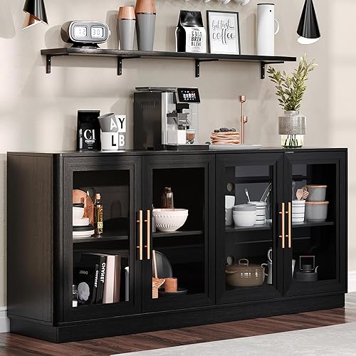 Aparador moderno para bufé, gabinete grande de almacenamiento de credenza de 63 pulgadas con 4 puertas de vidrio templado, mesa de consola de barra