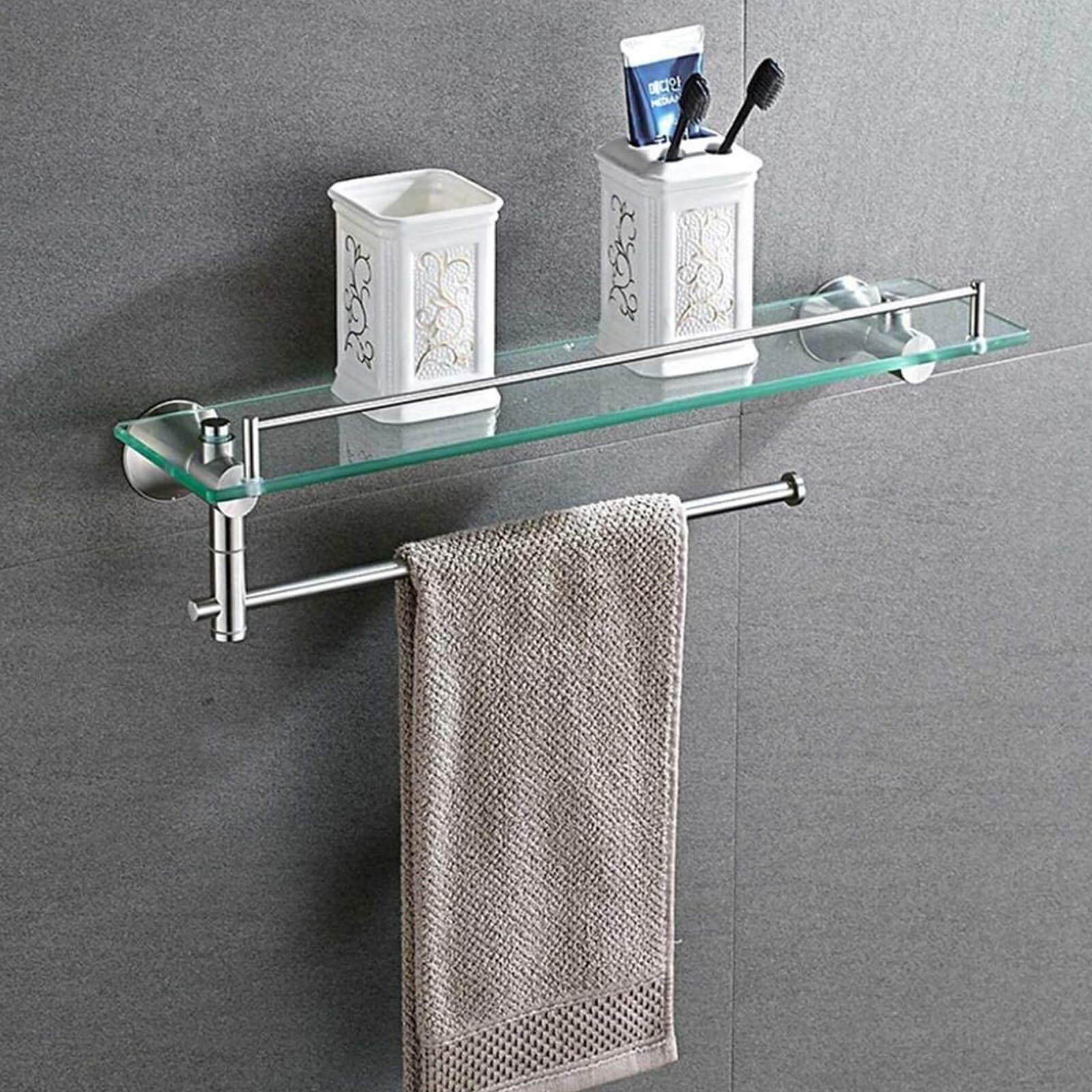 Mensola da bagno in vetro 304 in acciaio inox da parete per bagno, scaffale per cosmetici, telaio singolo con barra portasciugamani rotante
