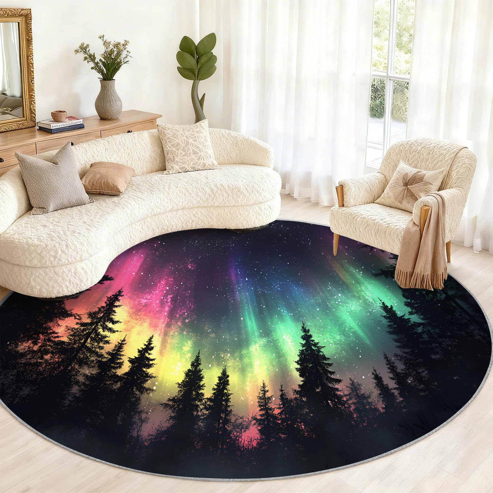 Tapis rond lavable motif forêt aurore 200 cm : sublimez votre intérieur