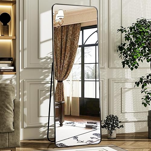 HARRITPURE 56" x 21" Rounded Full Length Mirror Aluminum Frame Black Mirror Full Length Floor Mirror with Stand for Living Room Bedroom Cloakroom