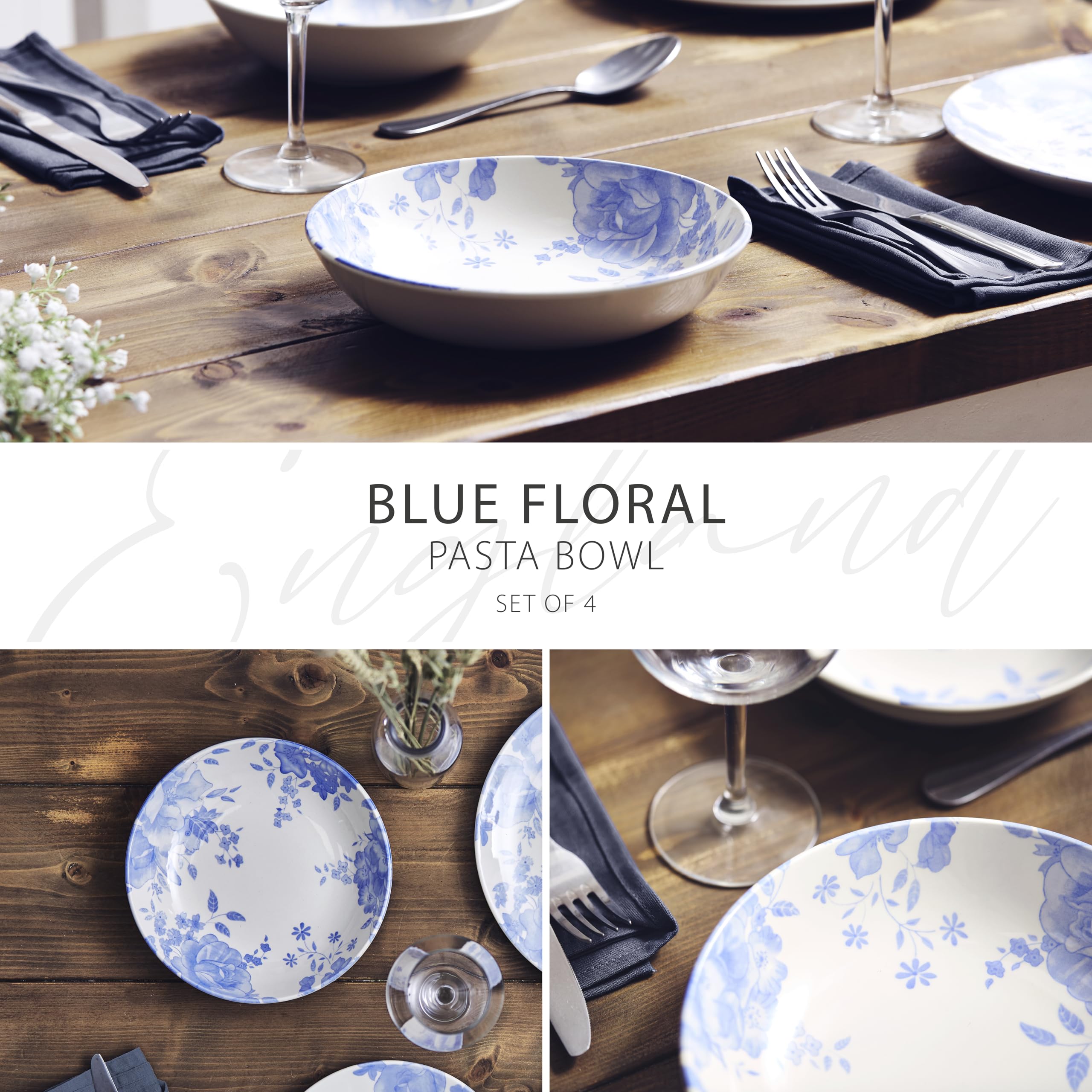 Wade Blue Floral Set of 4 Pasta Bowls with Pale Blue & White Floral Pattern, Crafted from Earthenware, Made in Stoke-on-Trent - Image 2