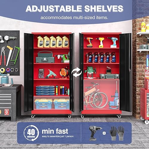Vista 12 de Gabinete de metal de 72 pulgadas, armario de almacenamiento con bloqueo con 2 puertas y 5 estantes ajustables, gabinete de herramientas de acero