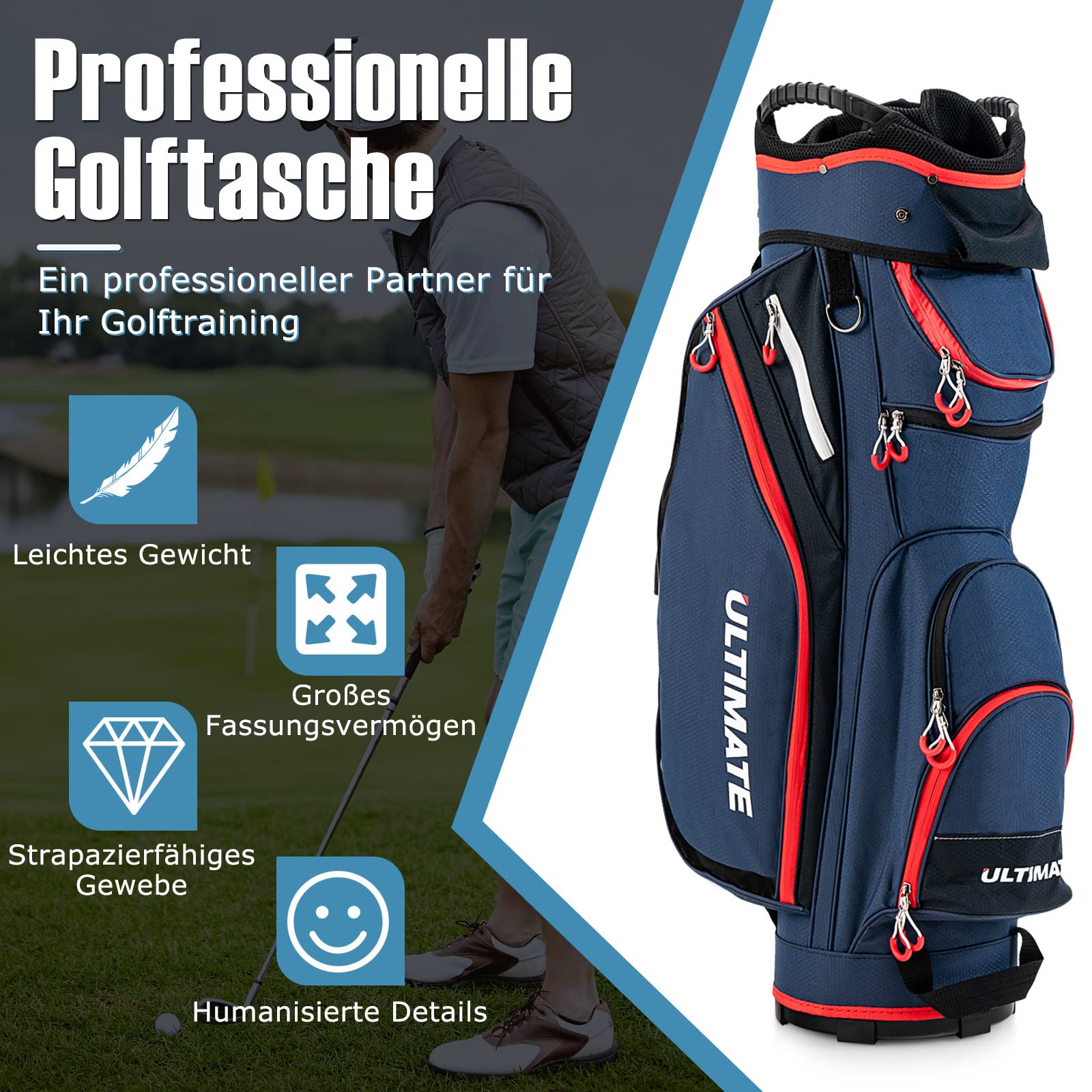 GYMAX Golftasche für bis zu 14 golfschläger, Wasserabweisende Golf-Standtasche mit Regenfülle & Starke Basis, Golfreisetasche mit Griff & Rückengurt, für die Driving Range und Executive Kurse