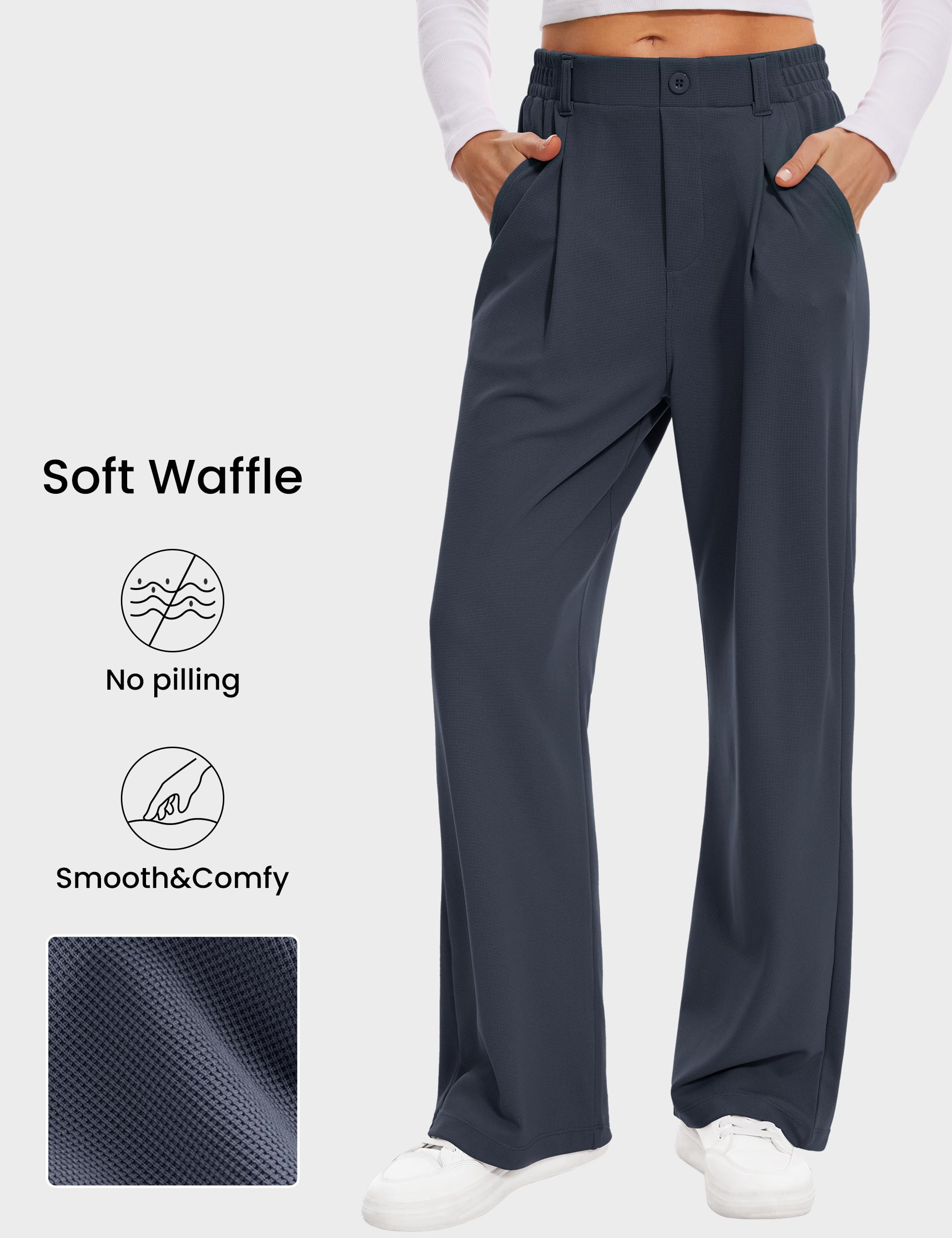 Desol Pantaloni da donna a nido d'ape, lunghi palazzo, eleganti, in tessuto, con tasche, a vita alta, gamba larga