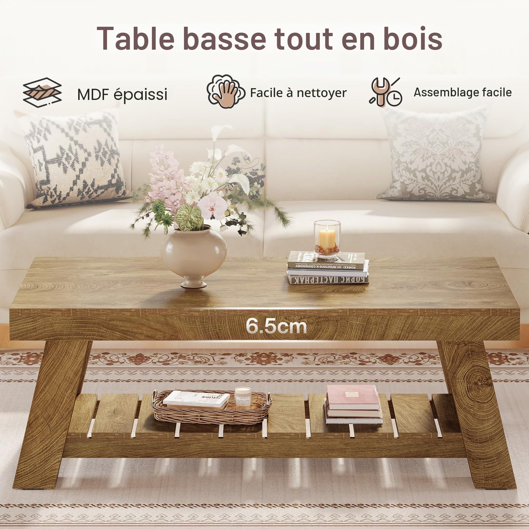 Tribesigns Table Basse, Table de Salon Style Campagne avec Pieds en V, 120 x 60 cm Table Basse Rectangulaire pour Canapé, Facile à Assembler, Brun Rustique