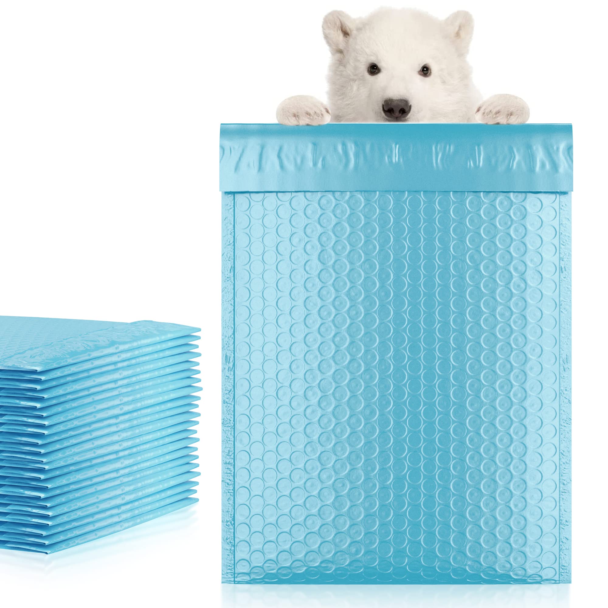 Amiff Light Blue Poly Bubble Mailers Self Seal, 9.5 x 13.5 Inch. Pack of 25 Bubble Packaging Envelopes for Shipping. Durable Padded Envelopes