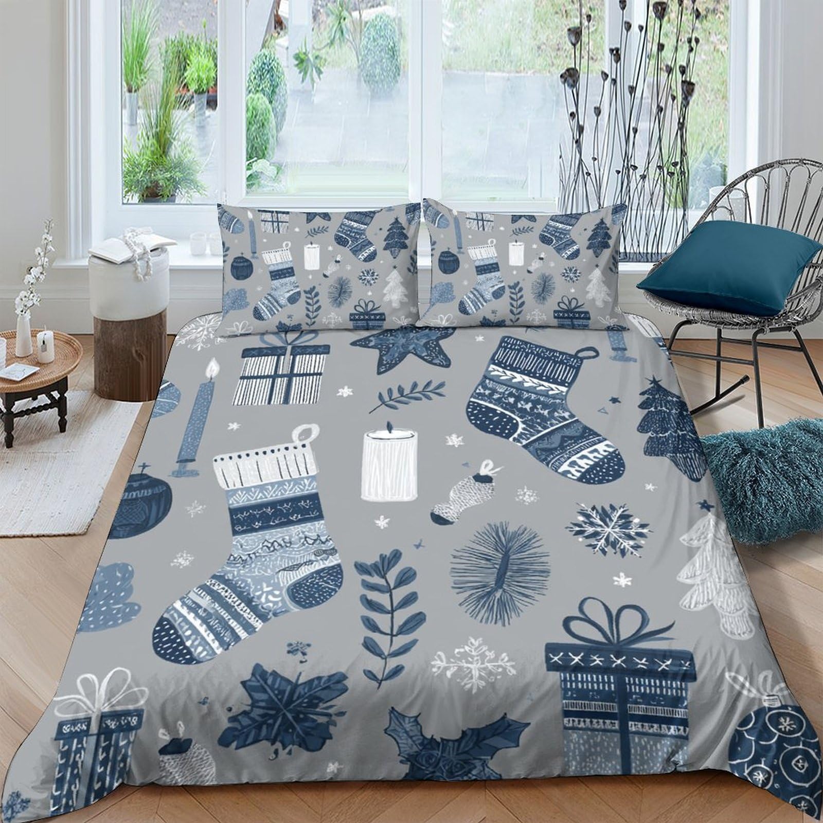 GPLZQXKJNH 3D Printed Christmas Stocking Duvet Cover Microfiber Winter Gift Snowflake Bedding Set with 2 Pillowcases for Bedroom Decor, Grey Blue Single（135x200cm）