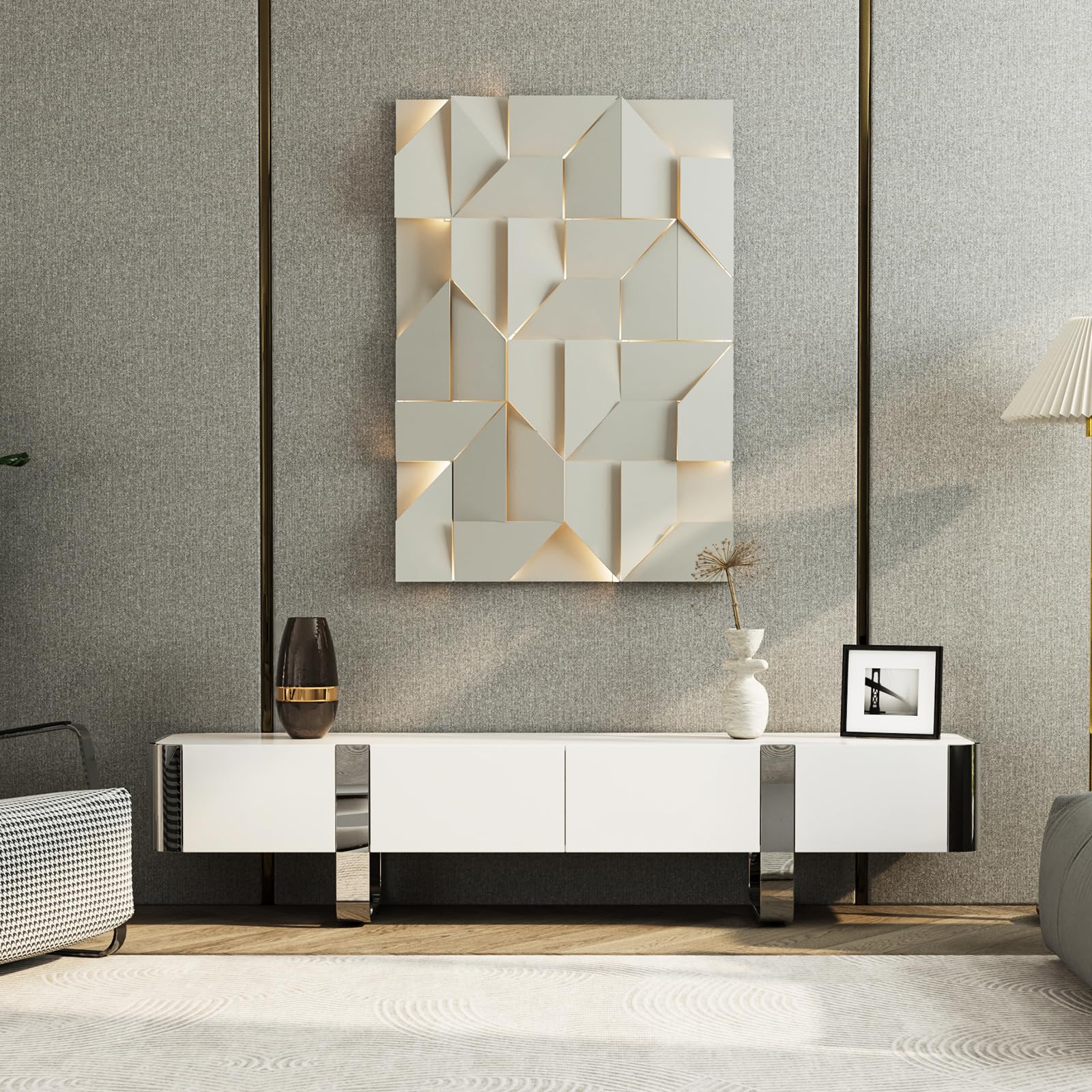 White and Silver TV Stand for 79 In TV, Modern Entertainment Center with 2 Hidden Storage Drawers and Cabinets, Media TV Console Table with U-Shaped