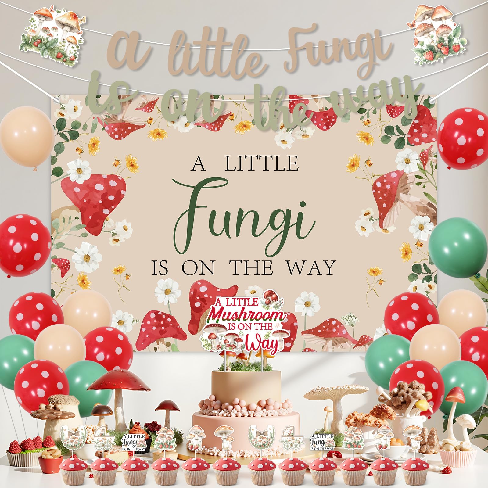 Mushroom Welcome Baby Banner & Garland – Pre-Assembled, 4.5 Feet Long, Glitter Accents, For Baby Shower & Birthday Party Decor