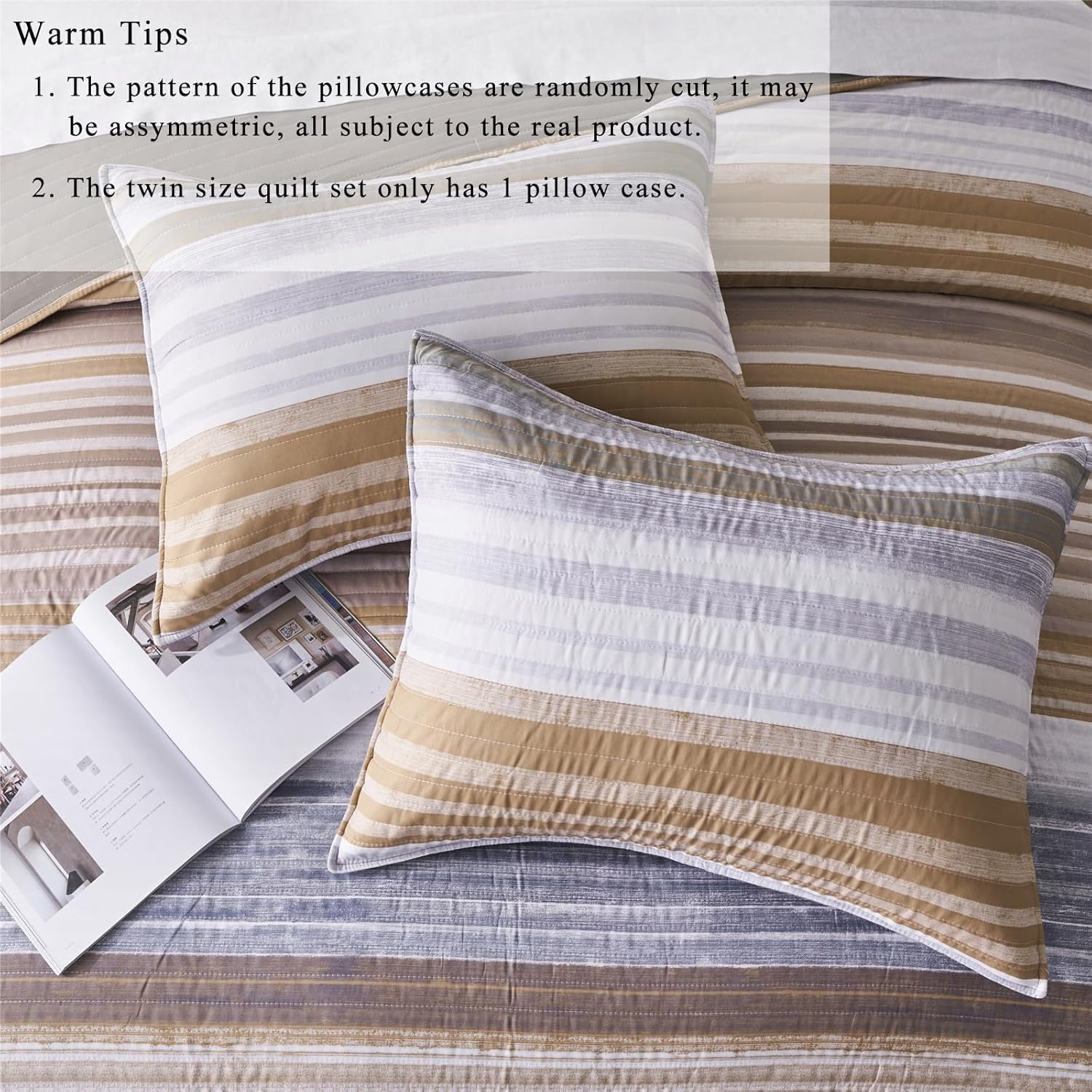 KAKIJUMN Full/Queen Quilt Bedding Set, White Grey and Khaki Patchwork Striped Quilt Set, 2 Pieces Soft Lightweight Bedspread Coverlet Set with 1 Pillow Sham(Khaki,Queen)