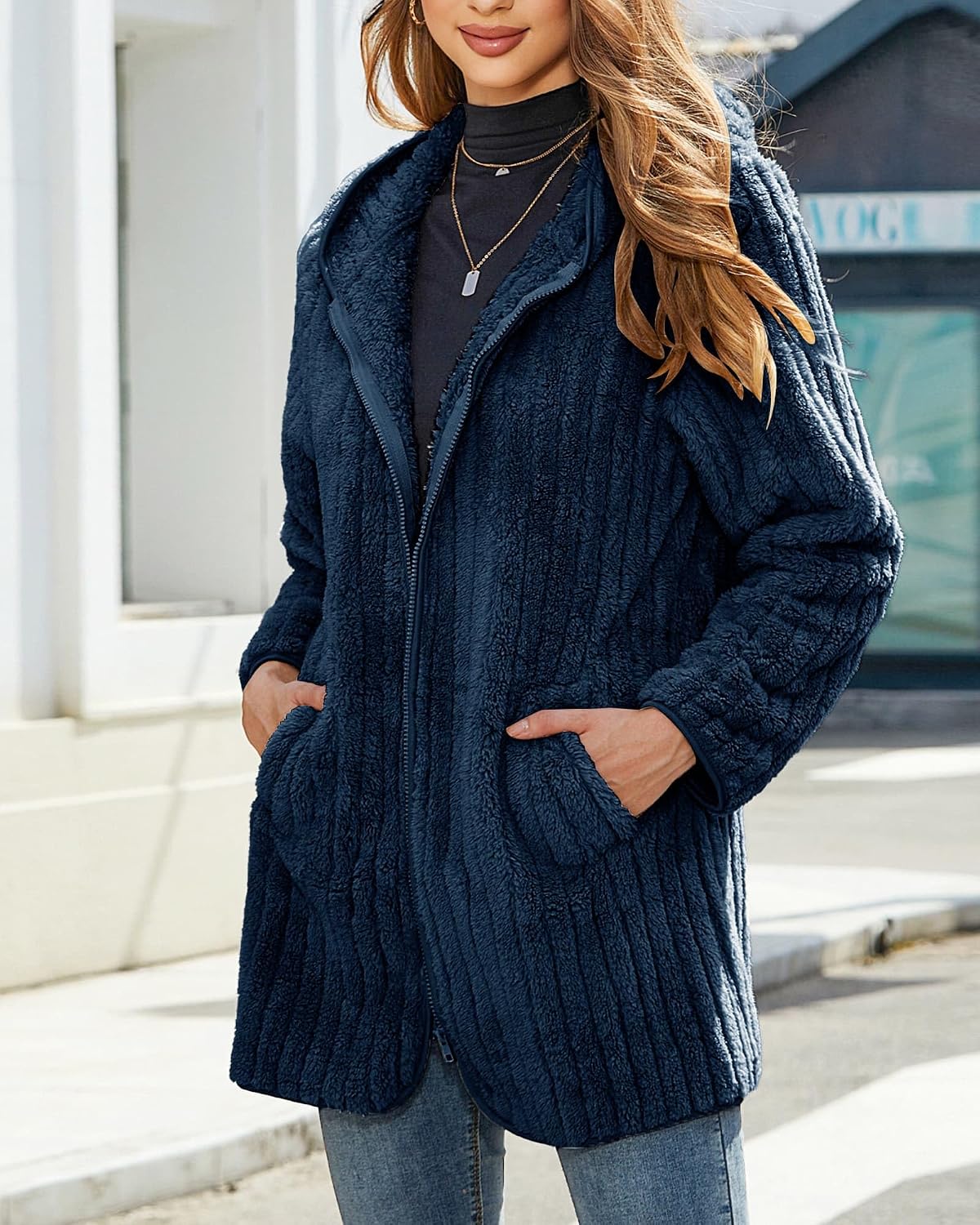 Vipwest Women Fleece Jacket Hooded Winter Warm Full Zip Sherpa Coat S-5XL