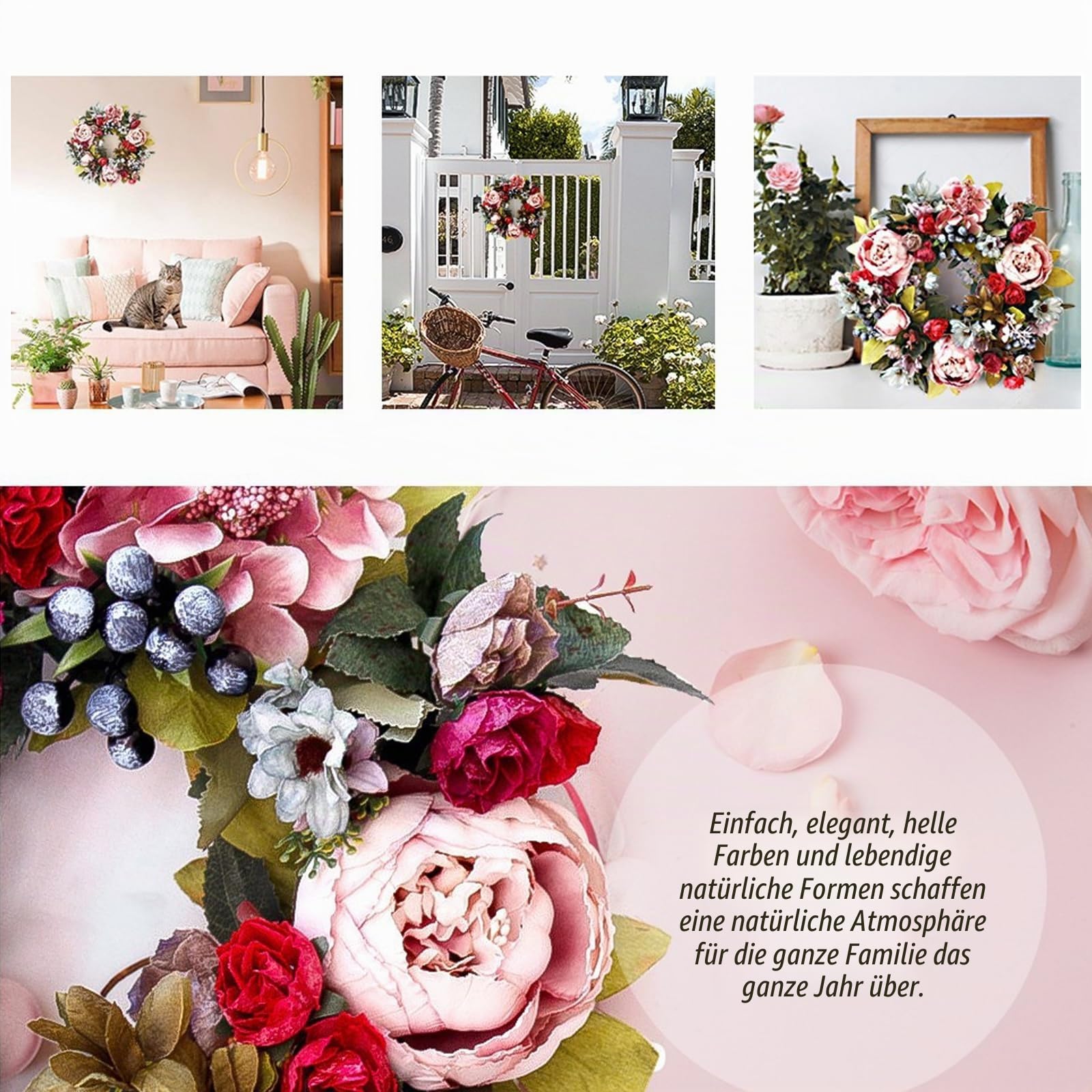 Künstlicher Türkranz Dekoration,35cm Künstliche Pfingstrose Hortensie Blume Haustürkranz, Pfingstrose Kranz, Kunstblumen, Türkranz für Frühling und Sommer, alle Jahreszeiten-Künstlicher dekorativer