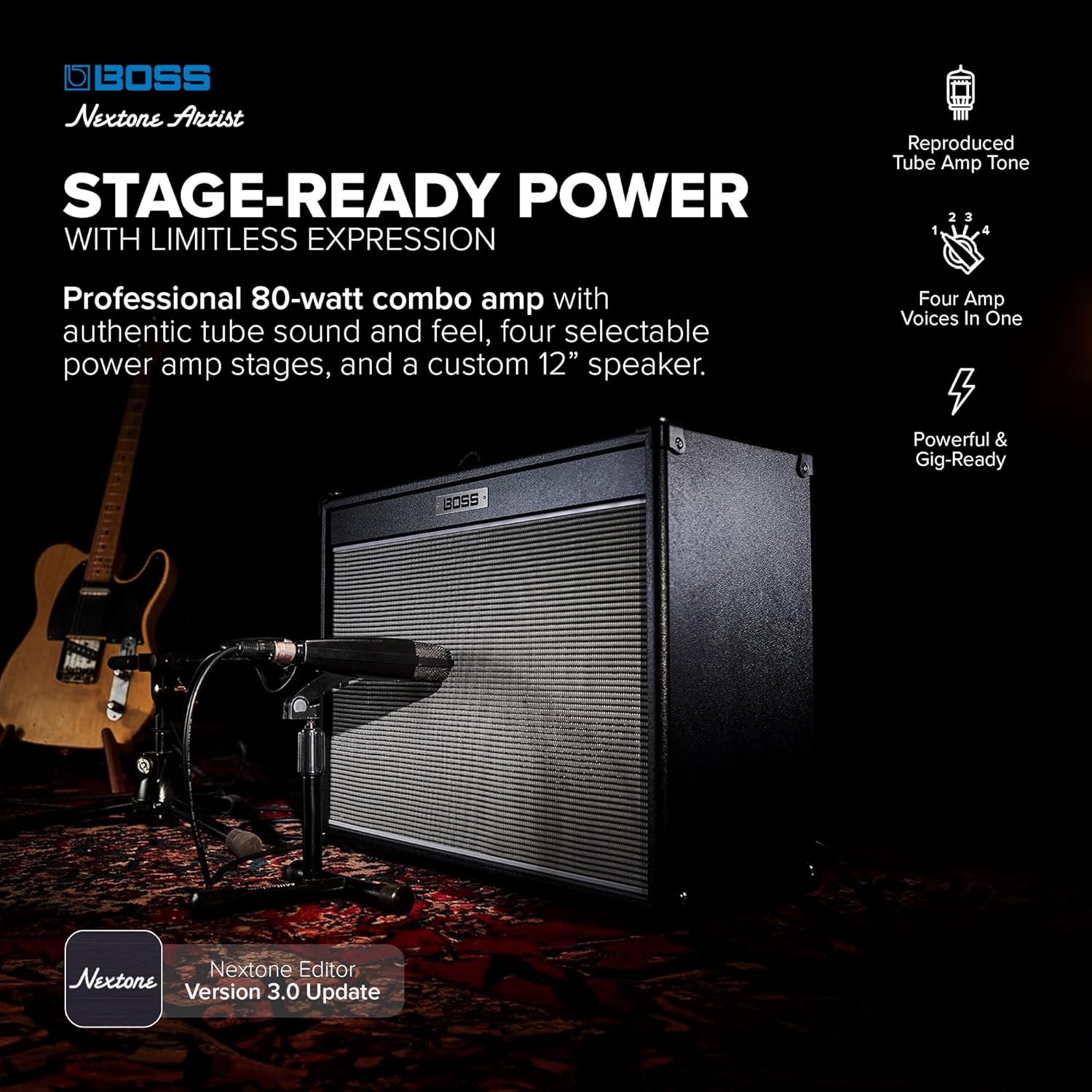 BOSS Nextone Artist | Powerful Guitar Amplifier | Tube Logic Design | Authentic Tube Sound & Feel | Four Power Amp Circuits | 80W Power & Custom 12” Speaker | Clean & Lead Channels | Built-in Effects