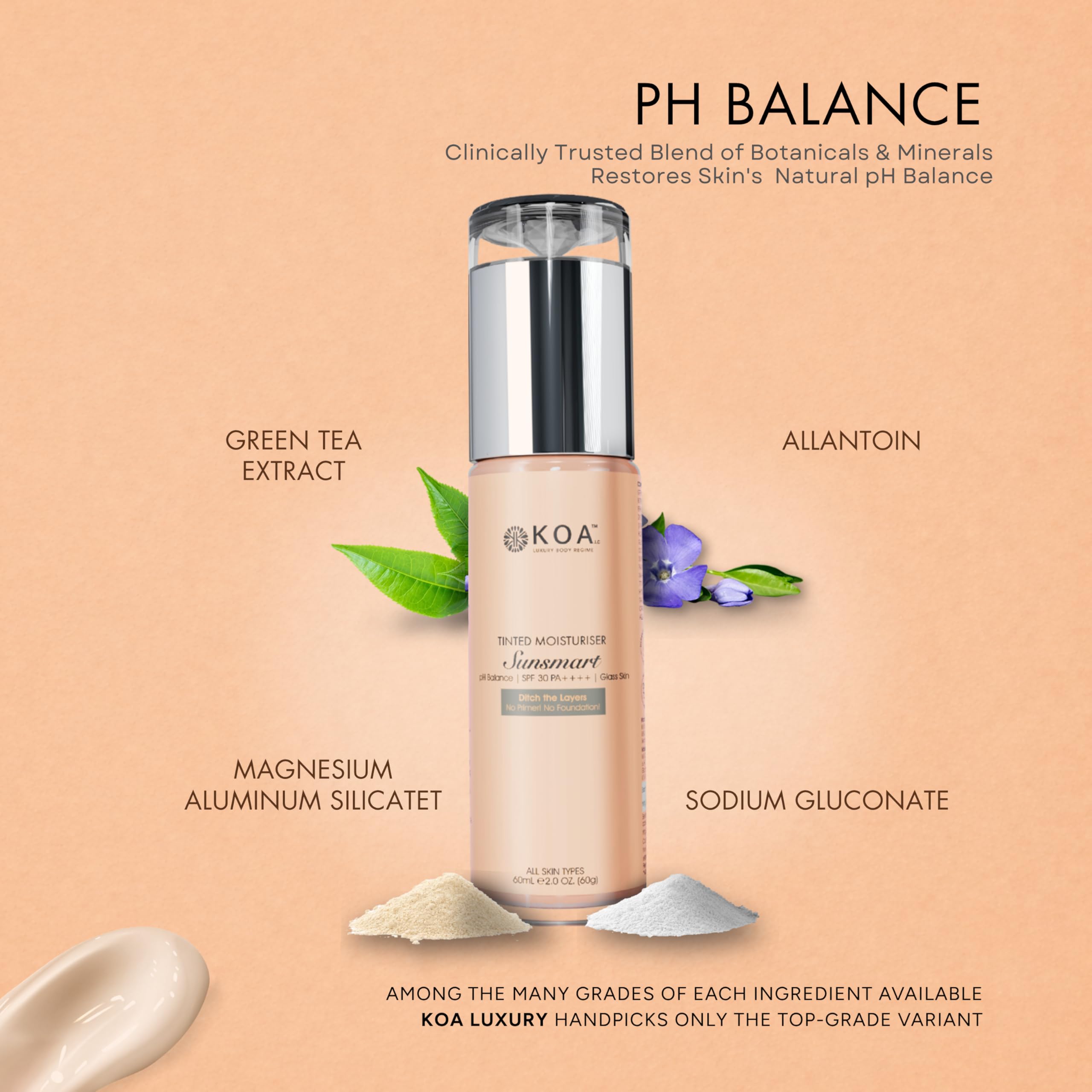 KOA Luxury Sunsmart Tinted Moisturiser | pH Balance | Sunscreen SPF 30 PA++++ | Glass Skin | Skin Brightening | No White Cast | Lightweight | Proven Consumer Test Results | For All Skin Types | For Both Women & Men | 60mL 3