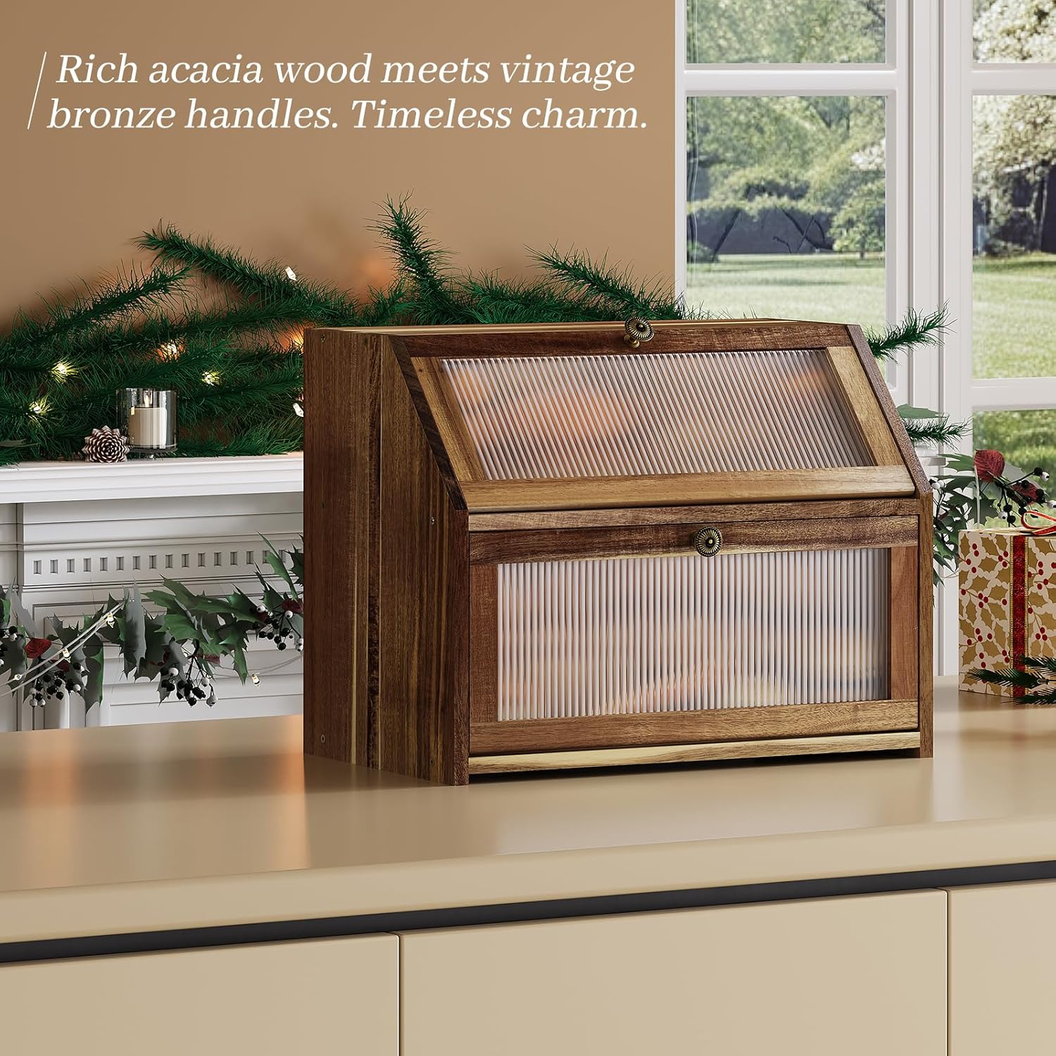 Bread Box for Kitchen Countertop, Acacia Wood Bread Storage Container, 2 Layer Large bread holder, Pantry Organizers, Corner Vintage Decor