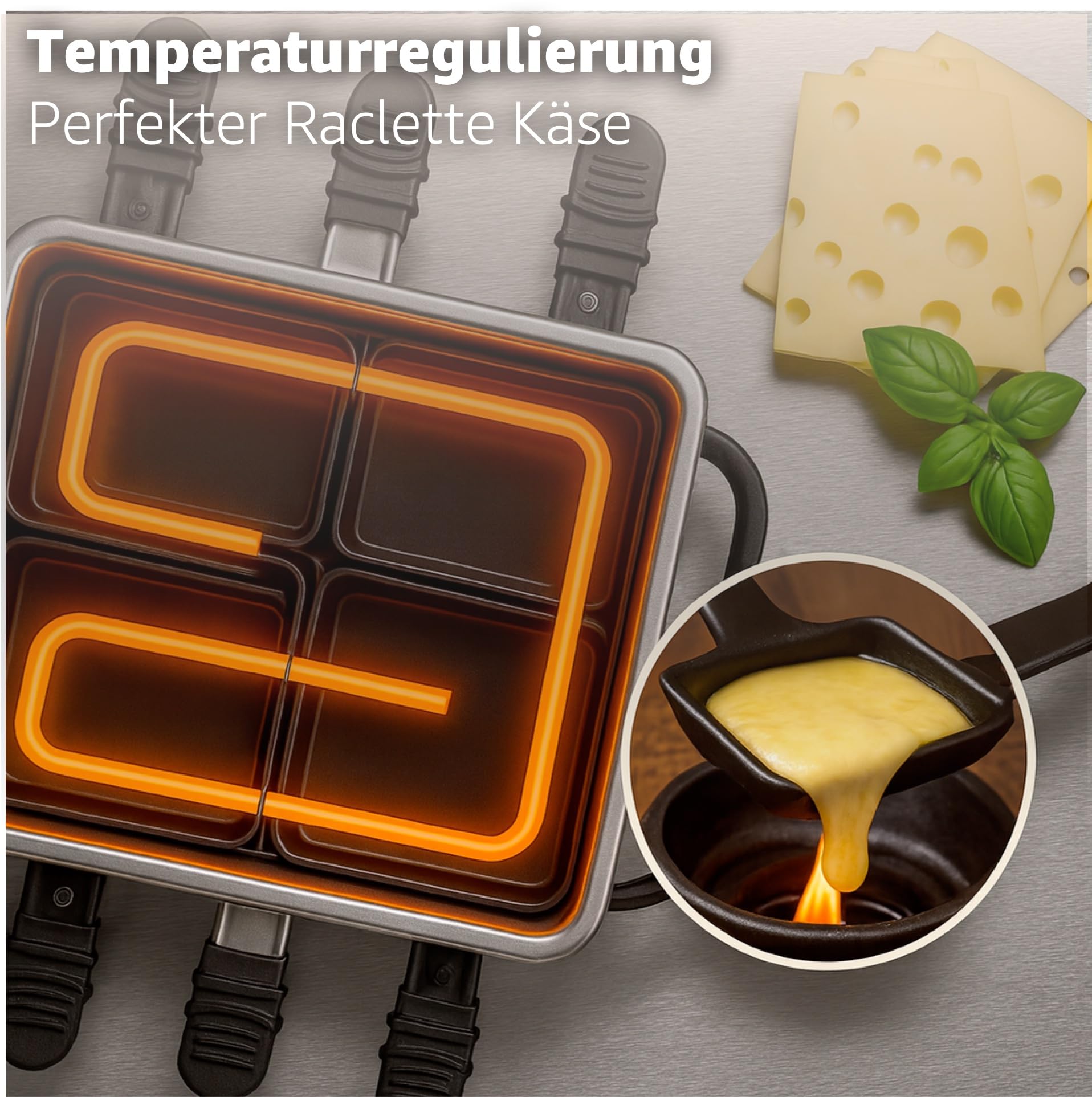8 Personen Set Raclette - Mit Grillplatte & Fondue Topf Funktion - Tischgrill inkl. Pfännchen & Schaber (Fondue Set)