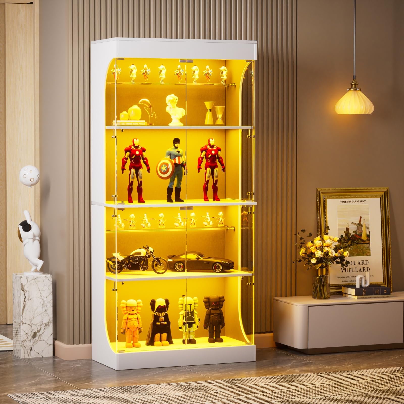 Vitrina de cristal con LED, vitrina para colección, armario de cristal moderno, 6 estantes, 4 puertas, transparente, mueble vitrinas para dormitorio, salón, comedor, 80 x 35 x 165 cm (blanco