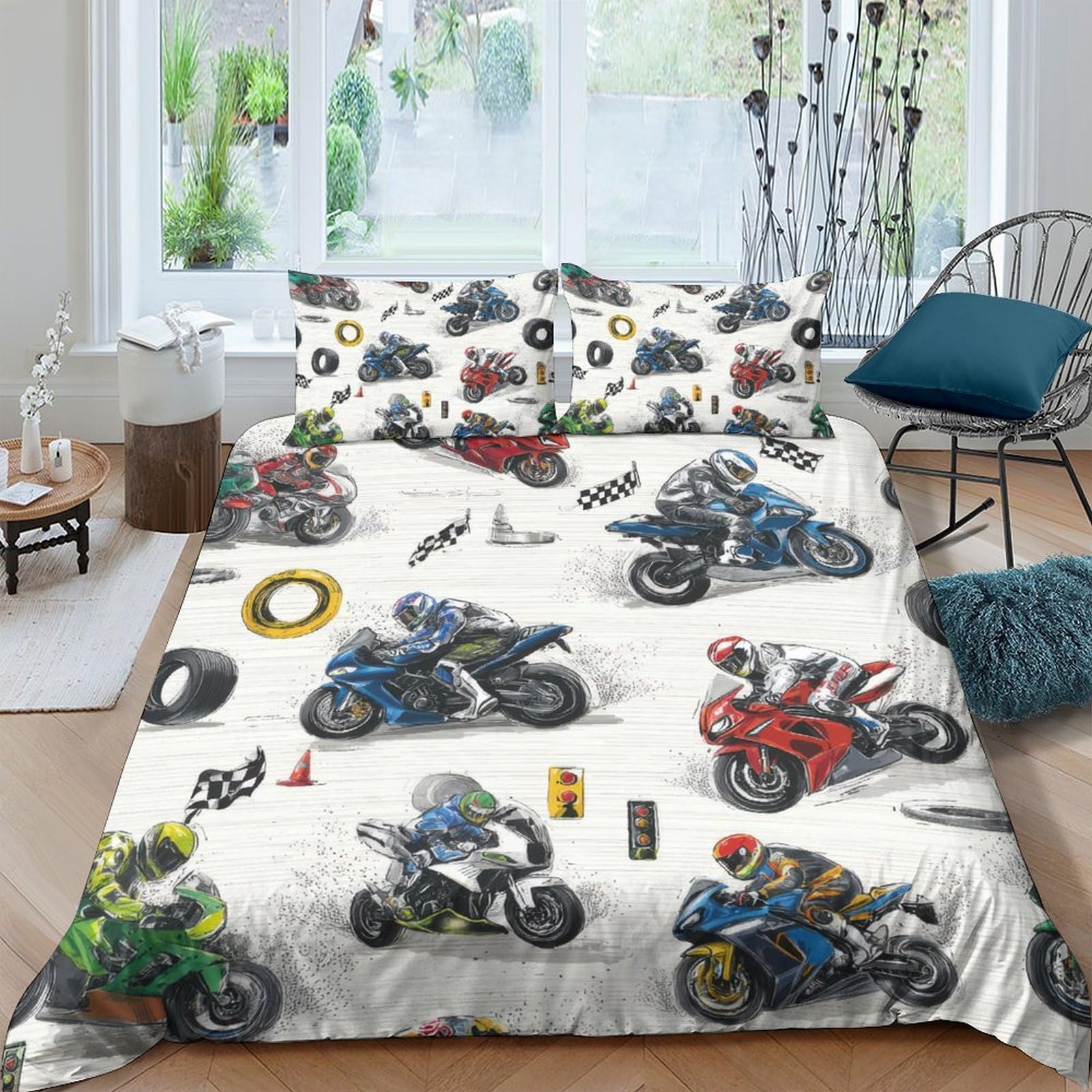 Ctjqhvkz Style-9 3D Printed Racing Motorcycle Fitted Sheet Microfiber Soft Breathable Track Bike Bed Cover For Bedroom Dorm Decor Single（135X200cm）