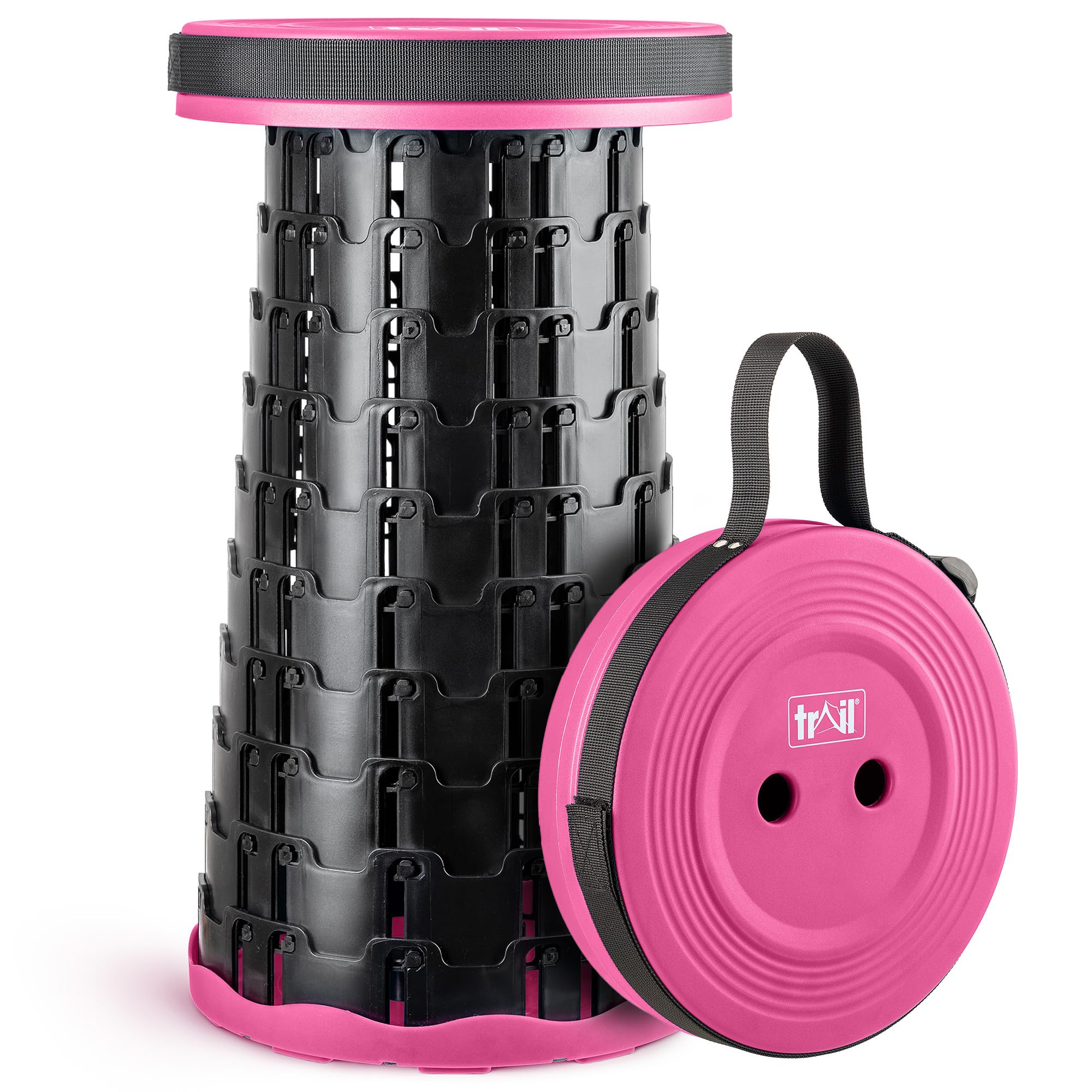 Trail Portable Telescopic Stool, Collapsible Folding Expanding Outdoor Camping Seat, Adjustable to H45cm, Safety Lock, Lightweight with Carry Strap, 150kg Max Load, Hiking, Festival, Fishing (Pink)