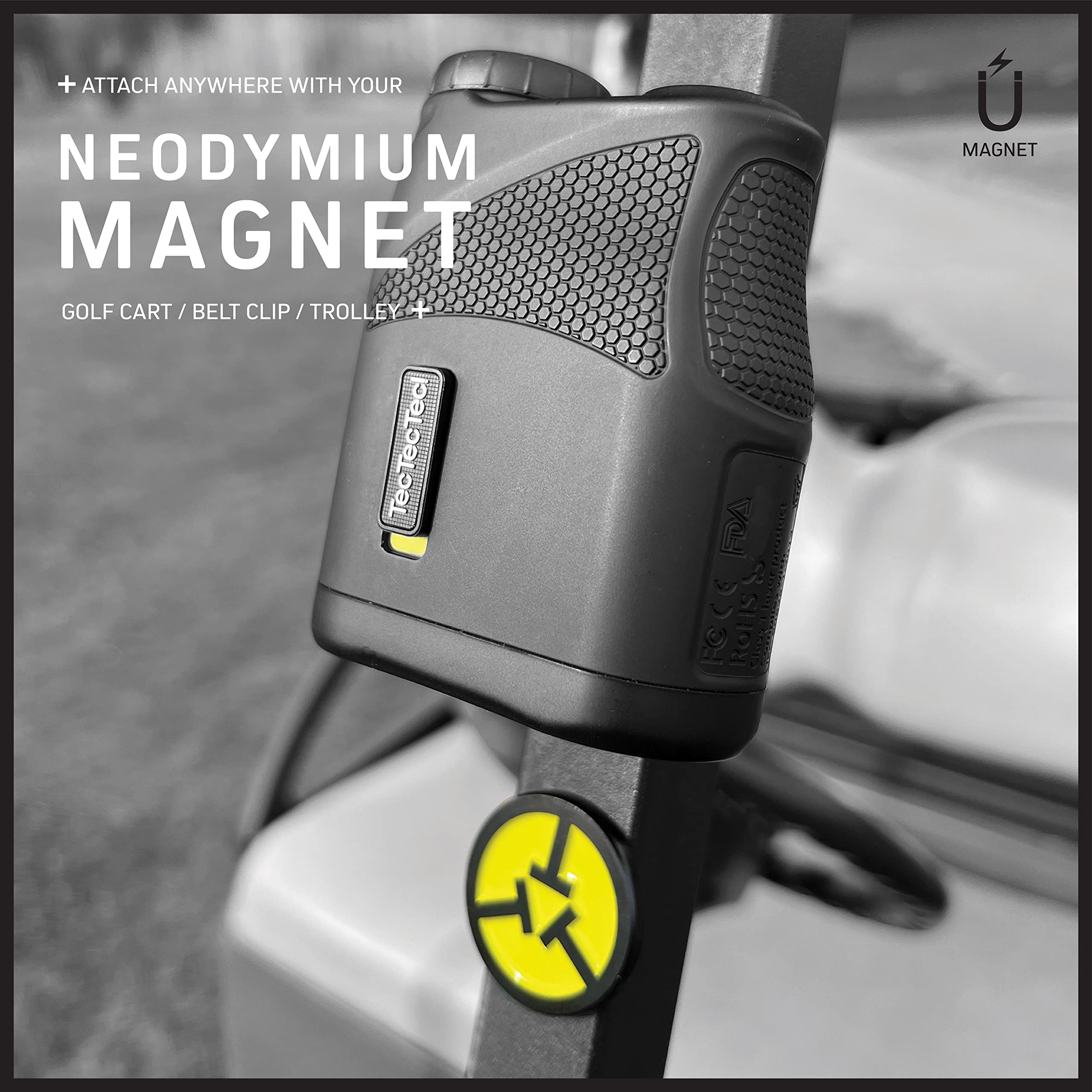 TecTecTec KLYR Telémetro de golf con pendiente, clip para cinturón, soporte magnético. Telémetro láser con última óptica, funda de gama alta, marcador de pelota de golf con imán (amarillo)