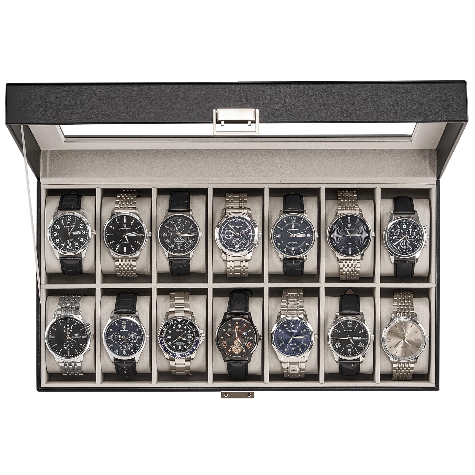 ProCase Caja Organizadora de Relojes 14 Ranuras, Estuche Joyero con Tapa de Cristal, Vitrina de Almacenamiento para Relojes, Pulseras y Joyas, Regalo Elegante para Hombres y Mujeres – Negro