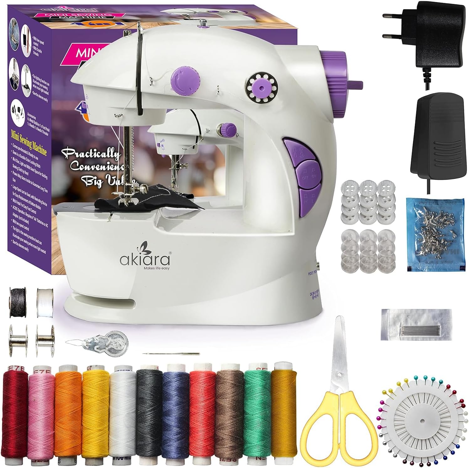 - akiara - Makes life easy Mini Silai Machine for Home use | Tailor Machine | Stitching Machine with Sewing Kit Pouch and Thread Scissors, Needle All in One Sewing Accessories (White & Purple)