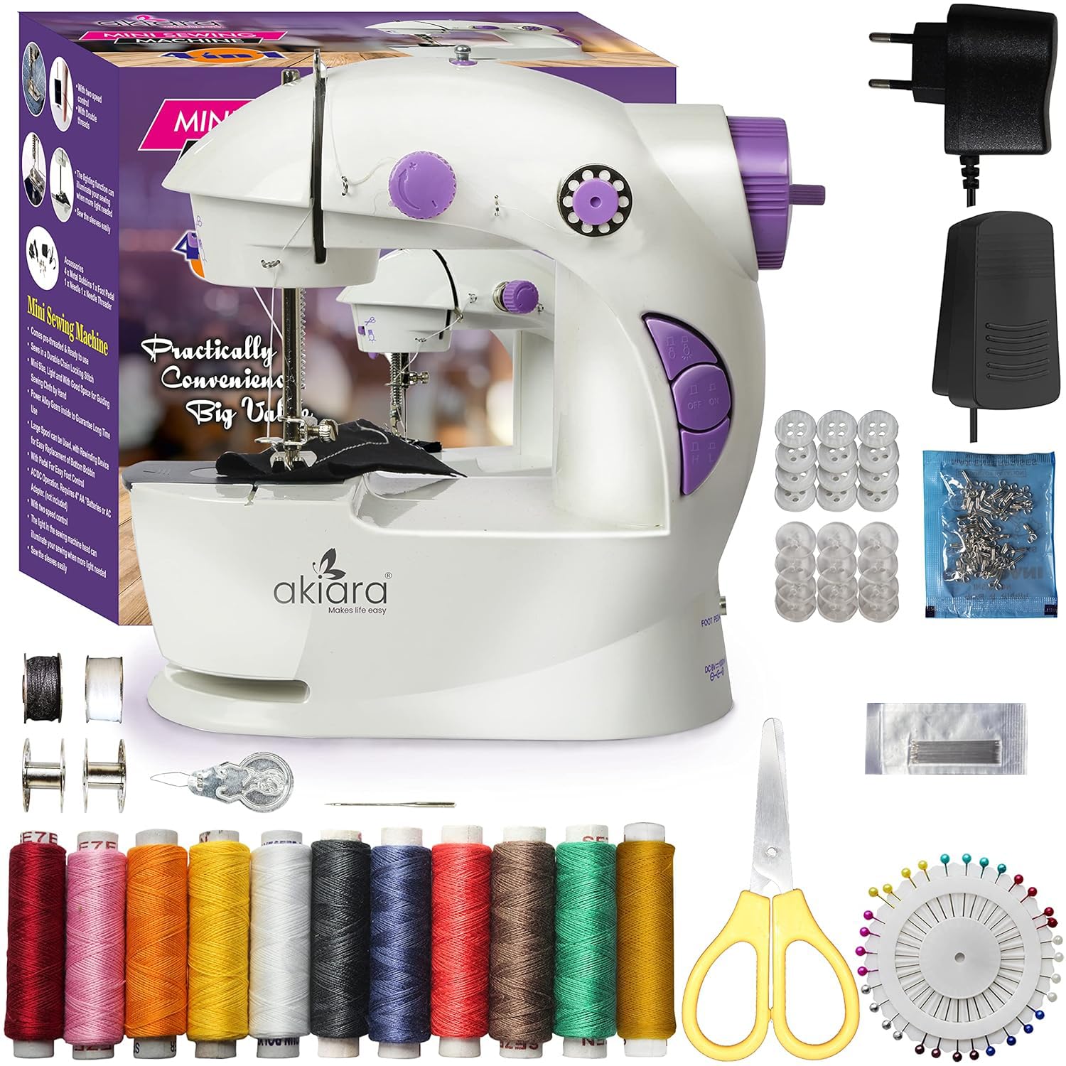 akiara - Makes life easy Mini Silai Machine for Home use | Tailor Machine | Stitching Machine with Sewing Kit Pouch and Thread Scissors, Needle All in One Sewing Accessories (White & Purple)