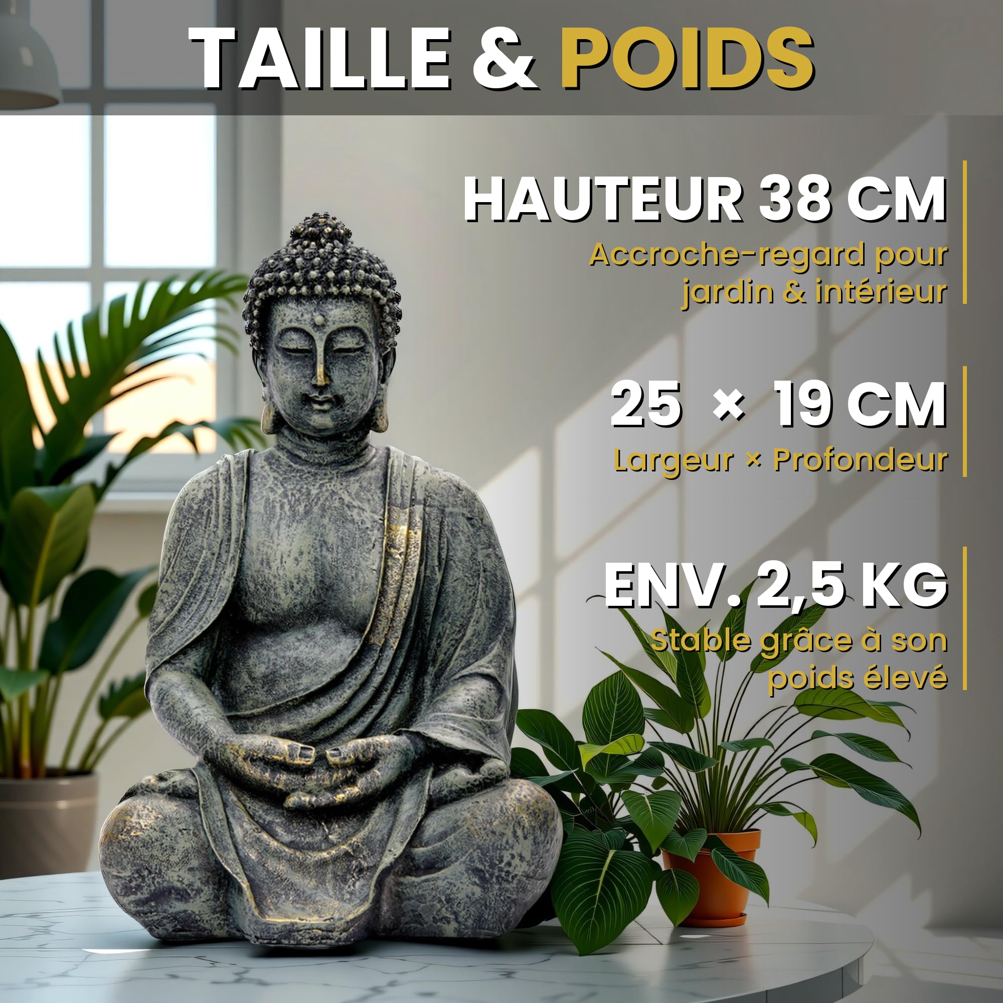 Statue Bouddha Jardin 38cm - Grande Figurine Bouddha Assis Meditation Resine Decoration Exterieur Interieur Resistant Gel & Intemperies - Sculpture Zen Feng Shui Terrasse Balcon