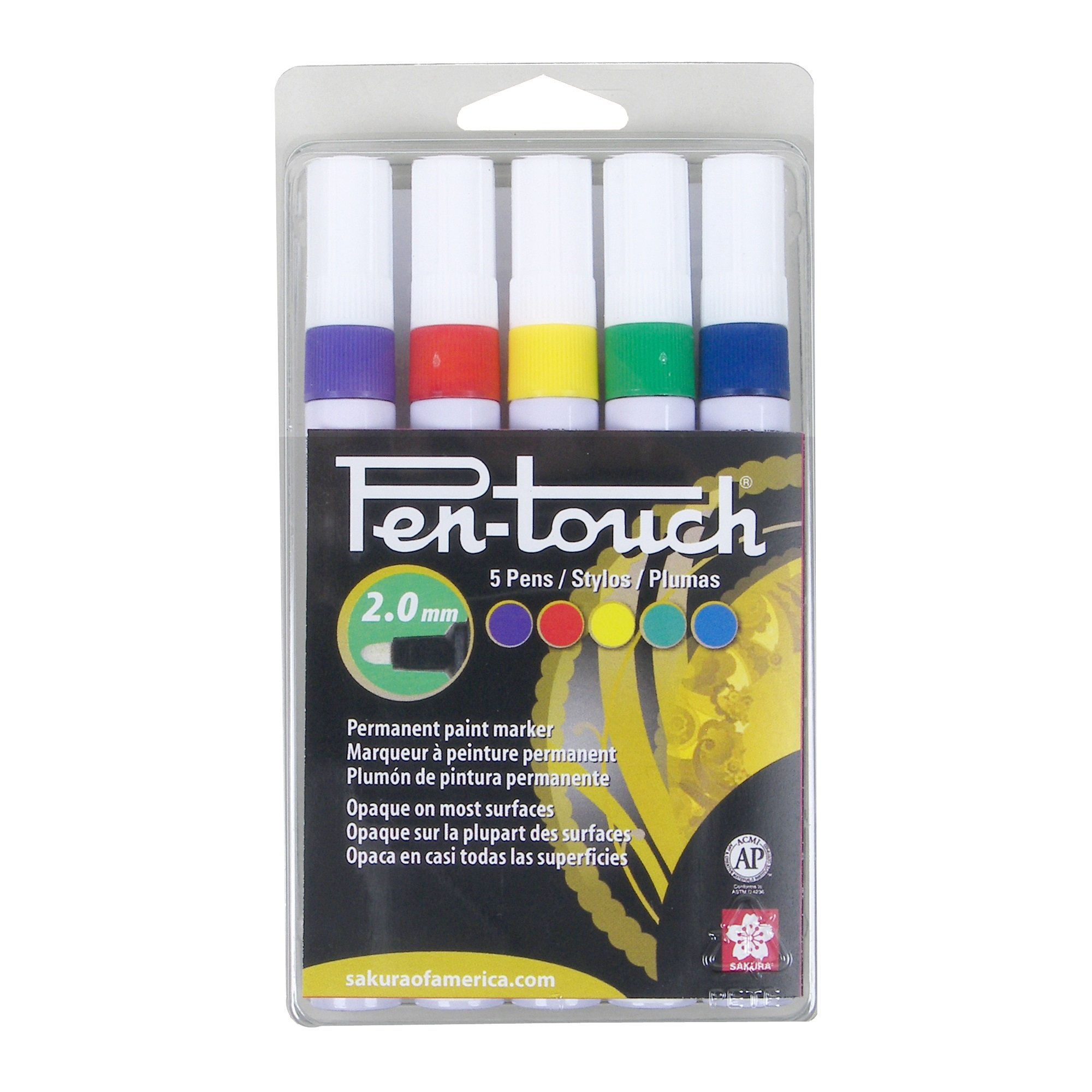 SAKURA 42592 5-Piece 2.0mm Pentouch Paint Marker, Medium, Yellow, Red, Purple, Green and Blue, Medium 5-pc b Set
