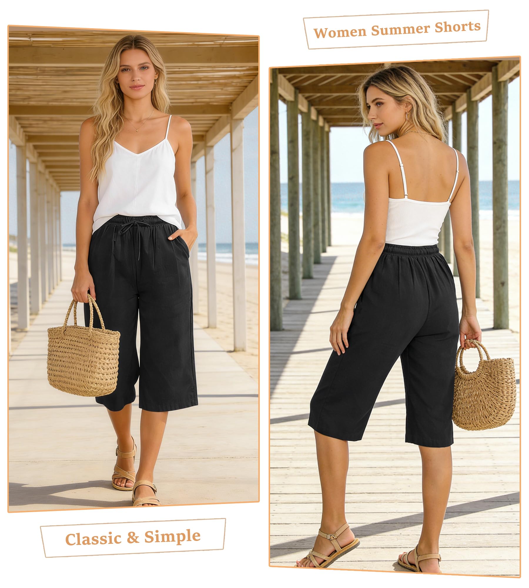 Pantalones Cortos Mujer Algodon Pantalón Corto Verano Cintura Alta Shorts Mujer Casual Bermudas Largo hasta la Rodilla con Bolsillos y Cordón