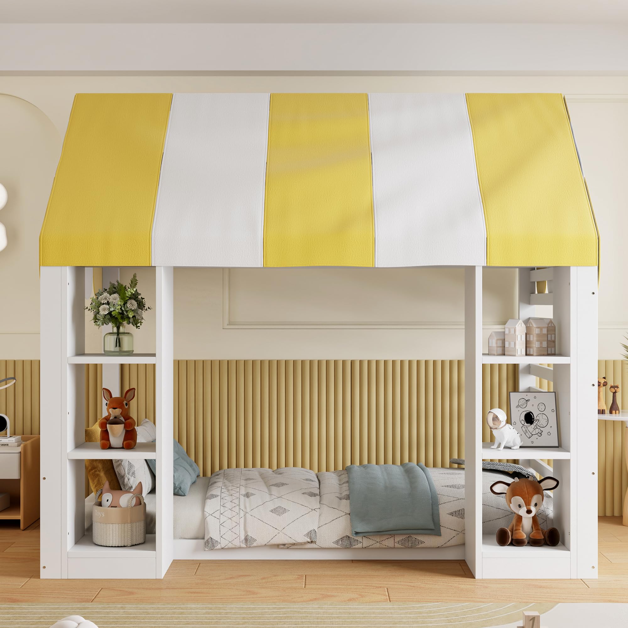 Kinderbett im Landhausstil, 90 x 200 cm, mit Himmelbett, offenem Stauraum vorne und Holzrahmen, weiß