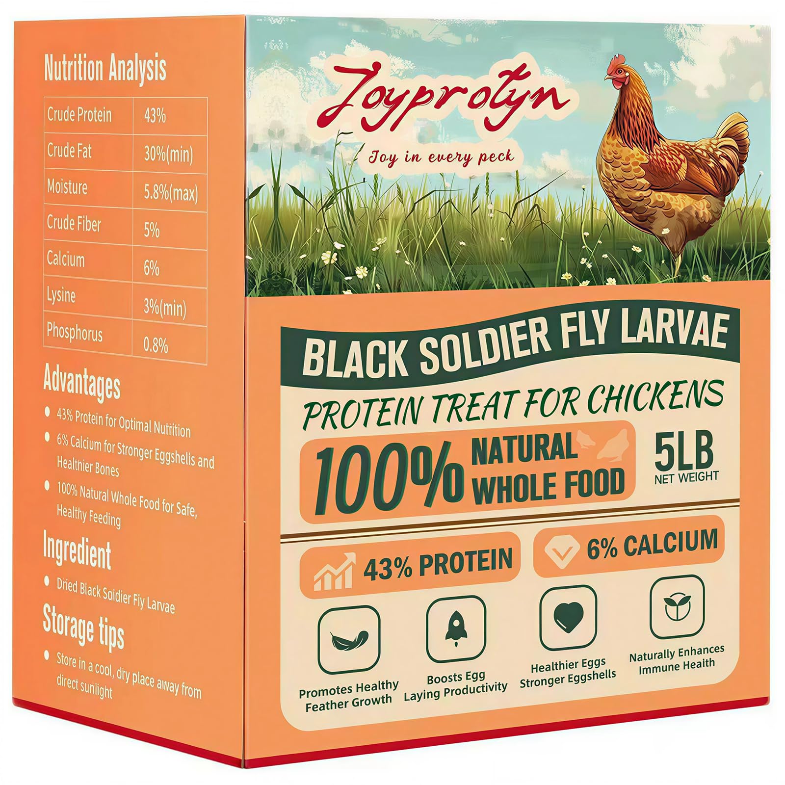 Joyprotyn 5LB Non-GMO Dried Black Soldier Fly Larvae for Chickens – 85X More Calcium Grubs Than Mealworms for Strong Eggshell