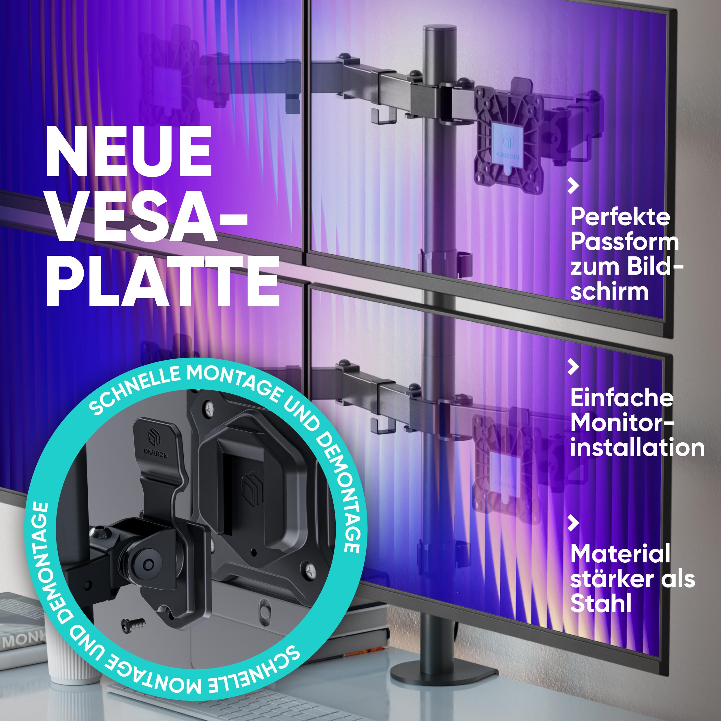 ONKRON 4-Fach Monitorhalterung 13-32", 8 kg (x4), max VESA 100x100, D421E-B | Monitorarm für 4 Bildschirme, bis 87 cm höhenverstellbar, schwenkbar, drehbar, Klemm-/Bohrmontage; für Büro & Multitasking