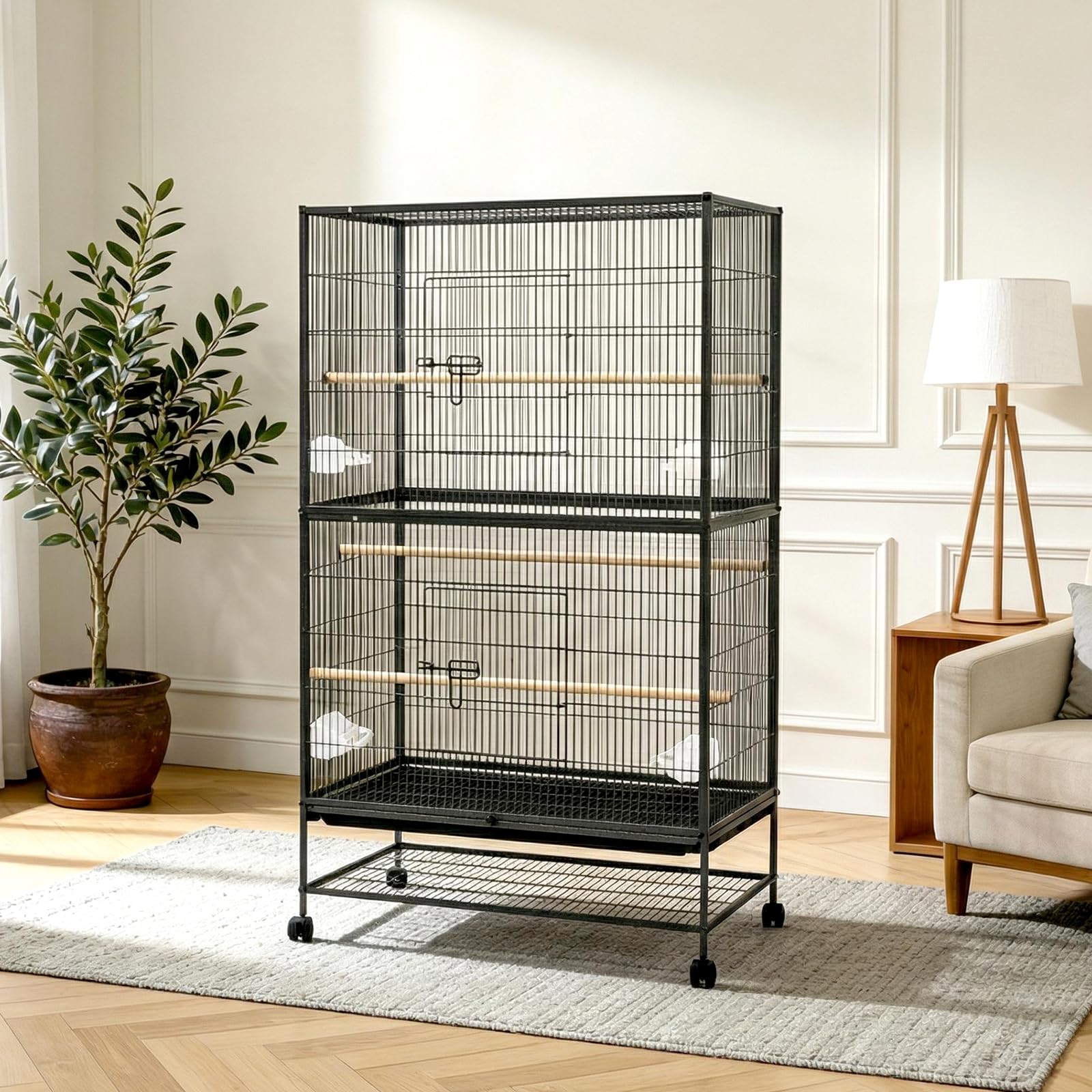 GarveeHome 60" H Large Bird Cage, Bird Cage with Rolling Storage Stands, Feed Bowls, Wide Tall Parakeet Cage for Parrots, Conures, Cockatiel, Cockatoo