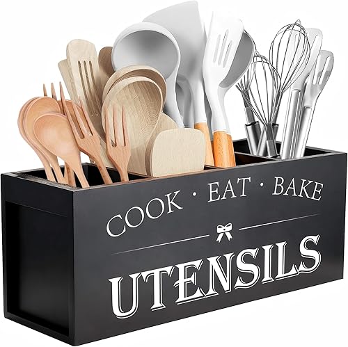 Suli Soporte extra grande para utensilios de cocina con 4 compartimentos, organizador de utensilios de madera para encimera de cocina, decoración de