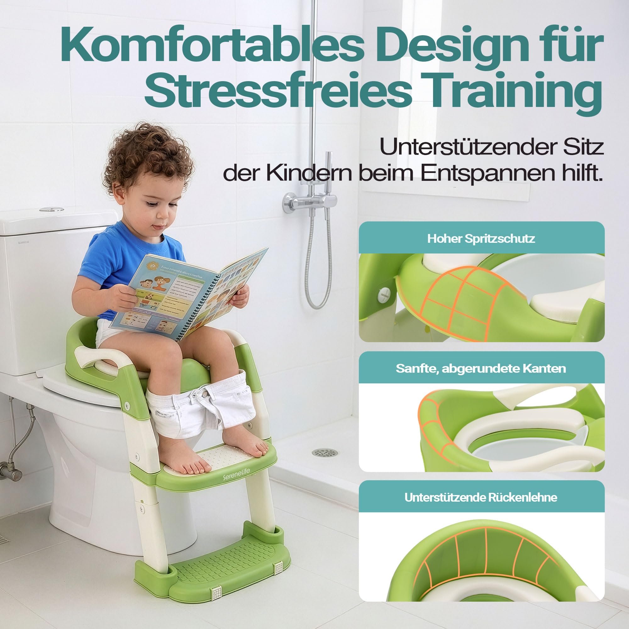 SereneLife Toilettensitz Kinder mit Treppe – 2-in-1 Höhenverstellbarer Toilettentrainer mit Leiter, Rutschfester WC Sitz mit Griffen für Jungen und Mädchen, Grün
