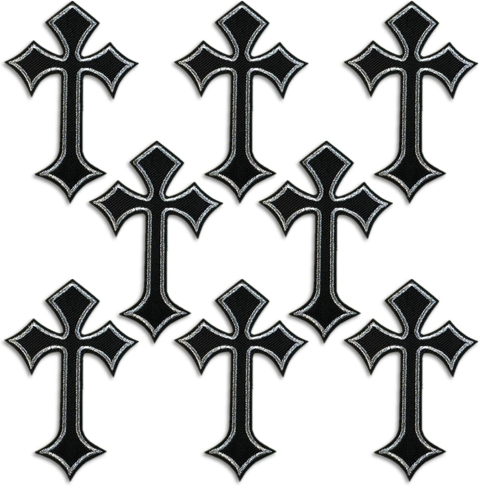 Cross Patches Iron On Cross Embroidery Applique Patch, DIY Decor Patches for Clothing Jeans Jackets Backpacks Hats Shirts (8 Pieces Black Silver)