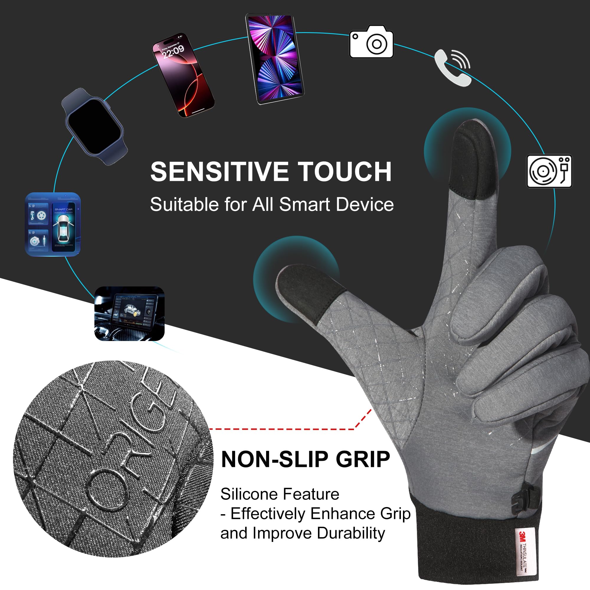 Origem Guanti Invernali Uomo Donna, 3M Thinsulate Touch Screen Guanti Termici, Impermeabili Guanti Moto Bici, Riscaldati Antiscivolo Antivento Guanti Sportivi per Ciclismo, Running, Calcio, Sci