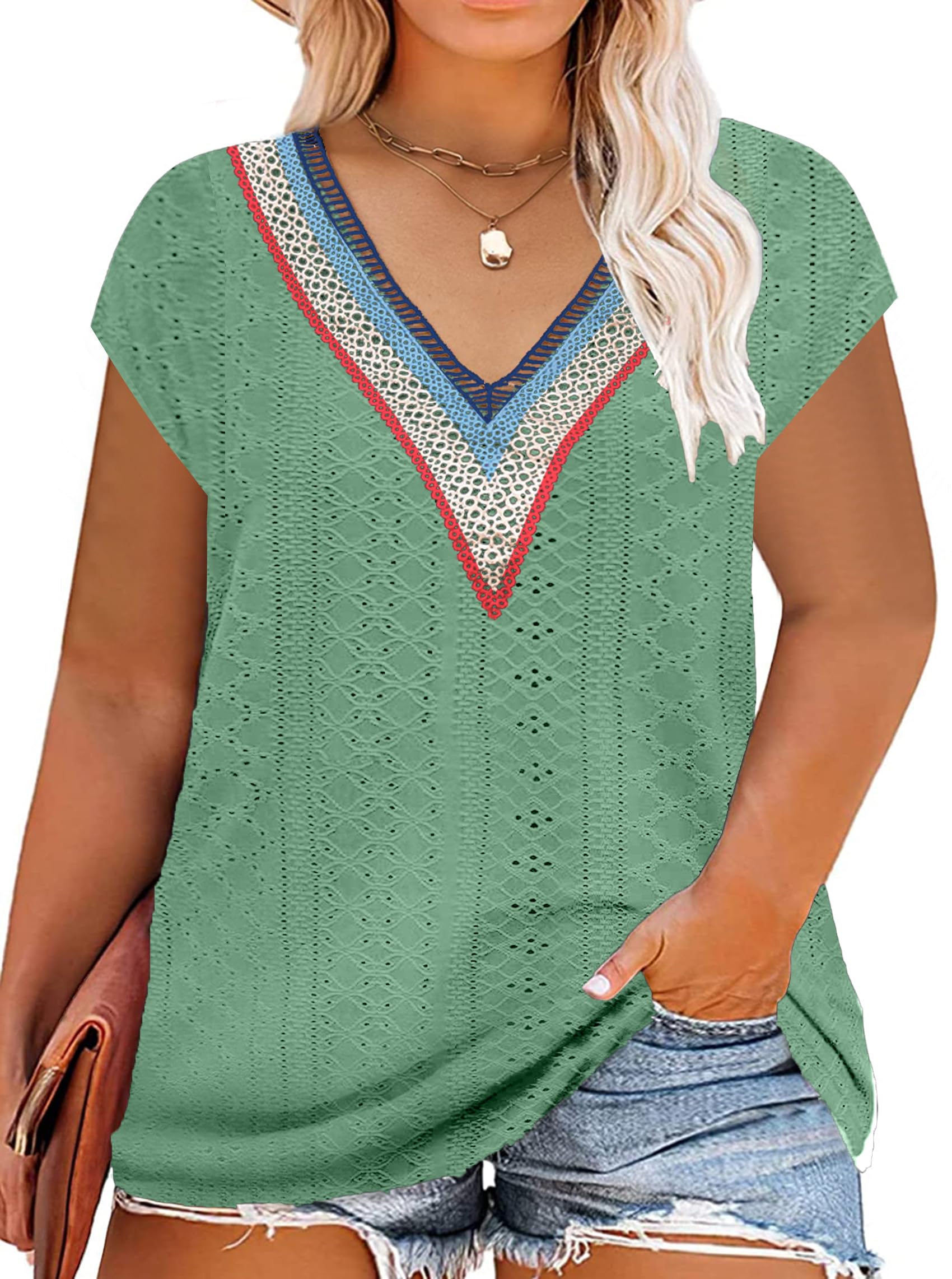 SUWATOIN Blusas de talla grande para mujer, cuello en V, manga corta, ribete de encaje, elegante, ahuecado, con ojales, tela