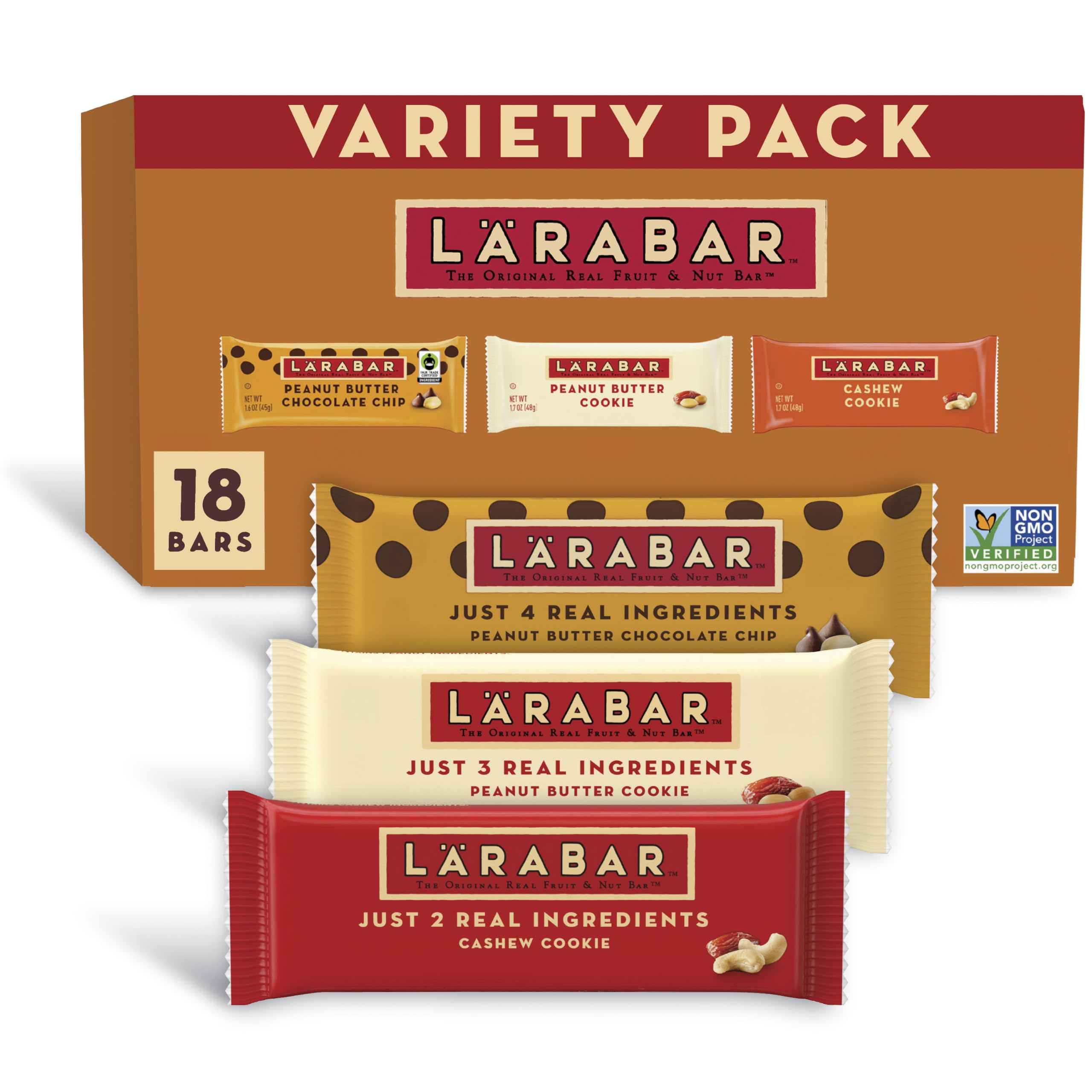 Larabar - Paquete variado de barras de frutas y nueces, 18 unidades, 30 onzas | PB Choc Chip, galletas PB y galletas de anacardo, 6 barras cada una, sin lácteos, sin OMG