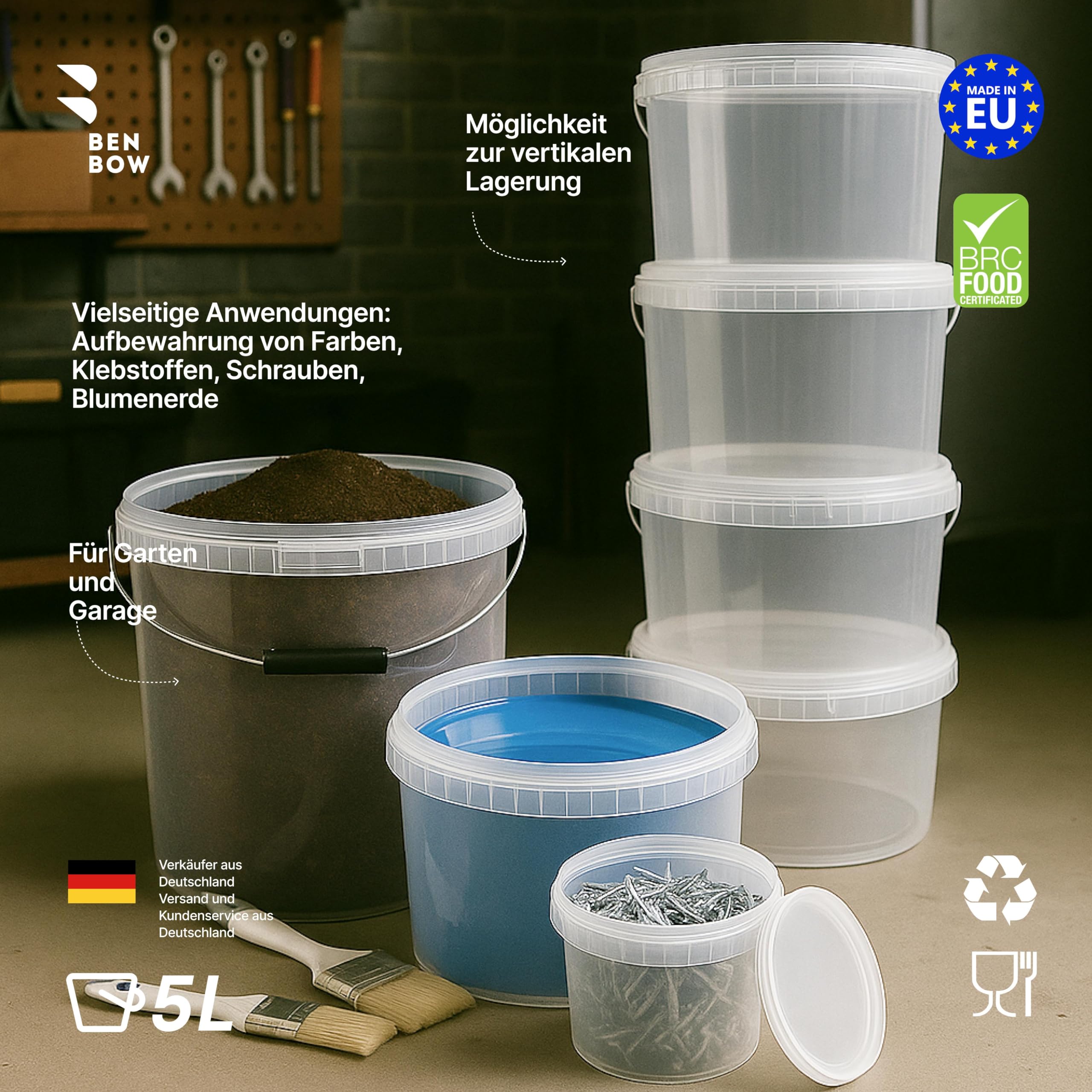 BenBow Eimer mit Deckel 5l transparent 10x 5 Liter - lebensmittelecht, stabil, luftdicht - Plastikeimer mit Henkel - leer
