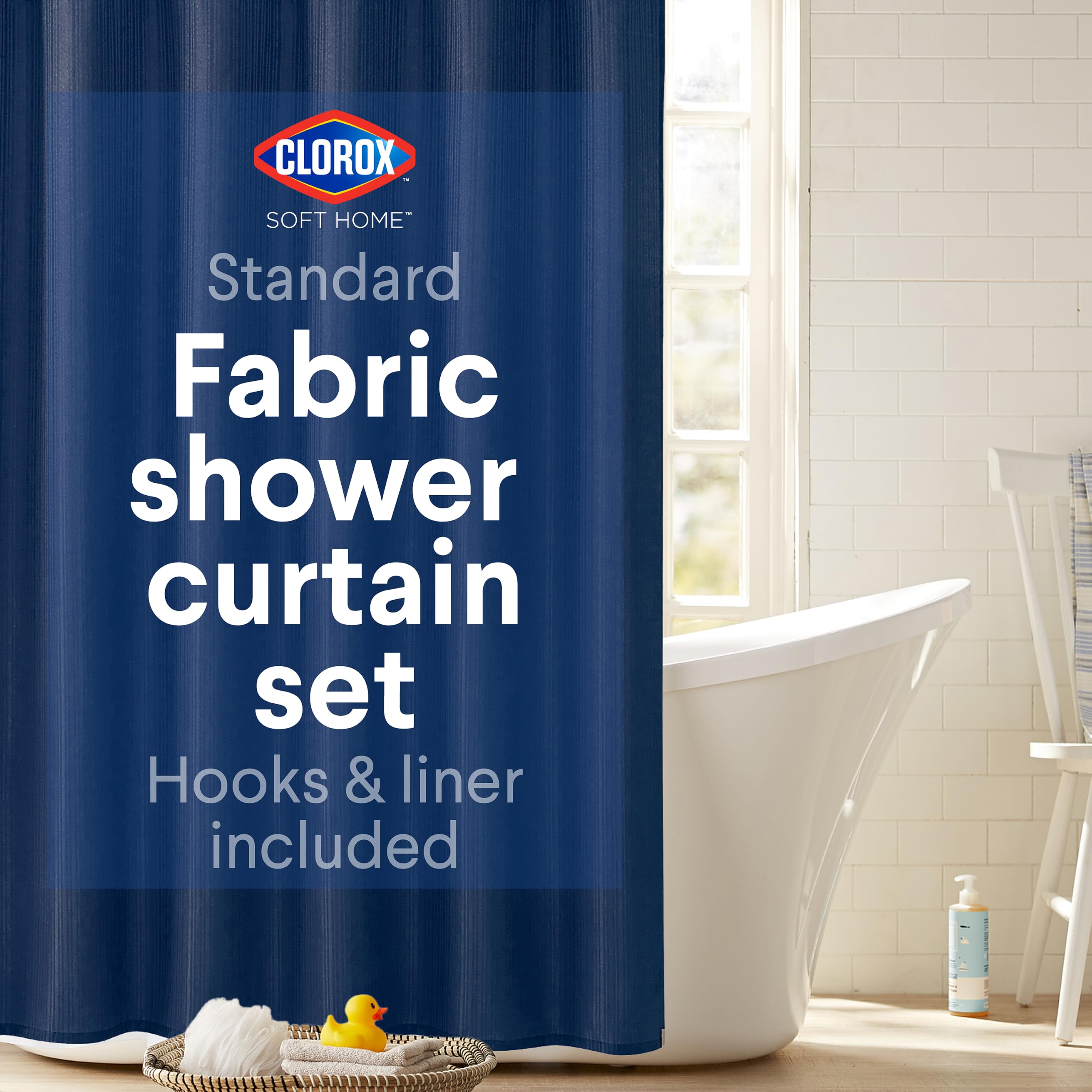 Clorox Rideau de Douche 100% Polyester avec Doublure imperméable en PEVA et 12 Crochets métalliques (Bleu Nuit)