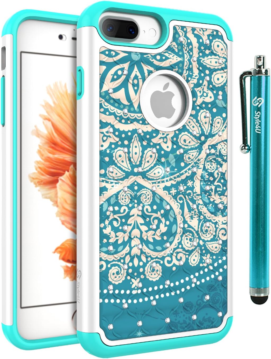Style4U iPhone 8 Plus/iPhone 7 Plus Case, Flower Design Shock Resistant Studded Rhinestone Crystal Bling Hybrid Armor Case Cover w/ 1 Stylus [Flower White/Teal]
