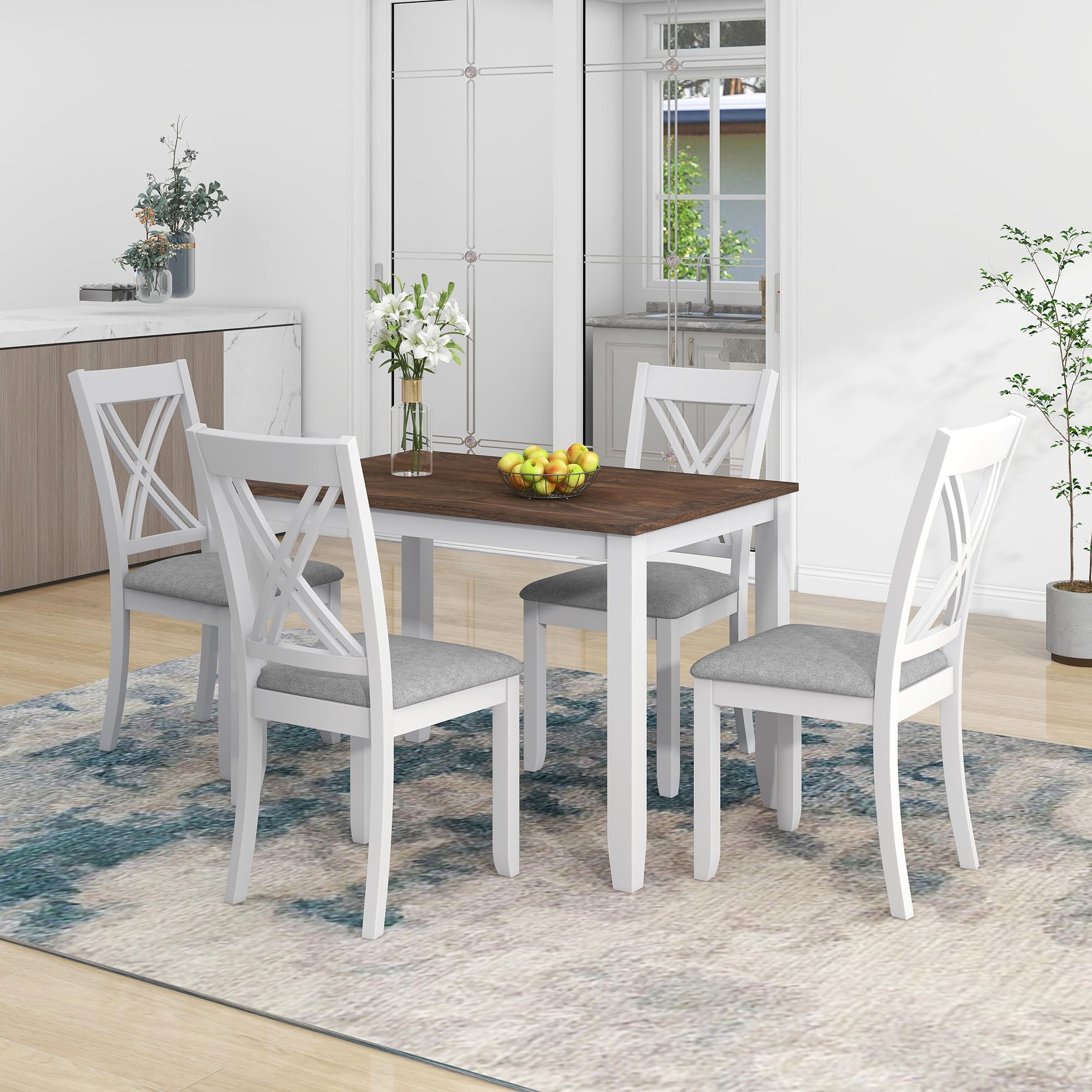 Harper & Bright Designs Rustic Wood 5-Piece Dining Table Set,Minimalist Wooden Kitchen Table Set for 4 with Table and 4 X-Back Dining Chairs,White