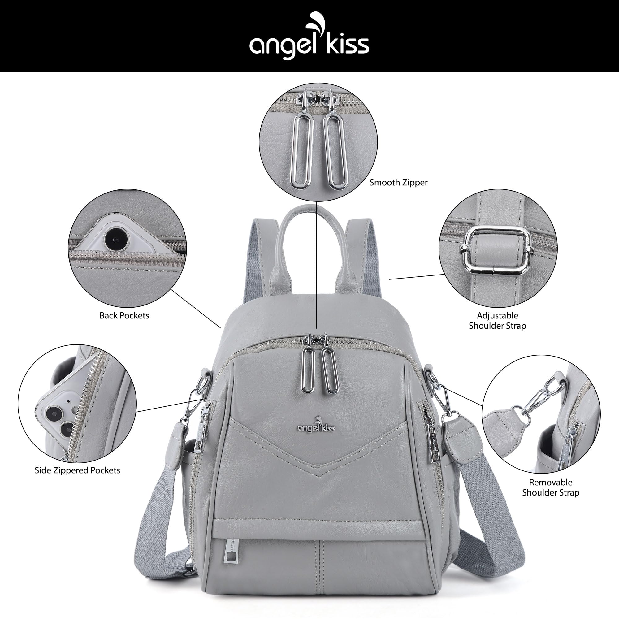 Angel Kiss Kleine Rucksack-Handtasche für Damen, weiches Leder, geräumige Rucksäcke, Designer-Schulterrucksack, modische Handtasche