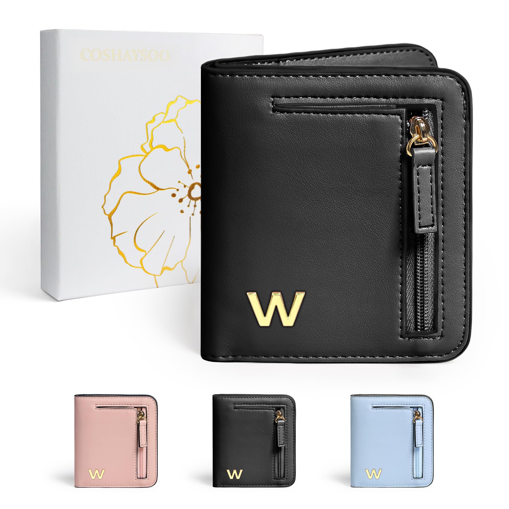 COSHAYSOO Womens Initial Letter RFID Small Wallets Monogram Slim Thin Woman Wallet Travel Credit Card Cash Coin Holder, Birthday Christmas Mothers